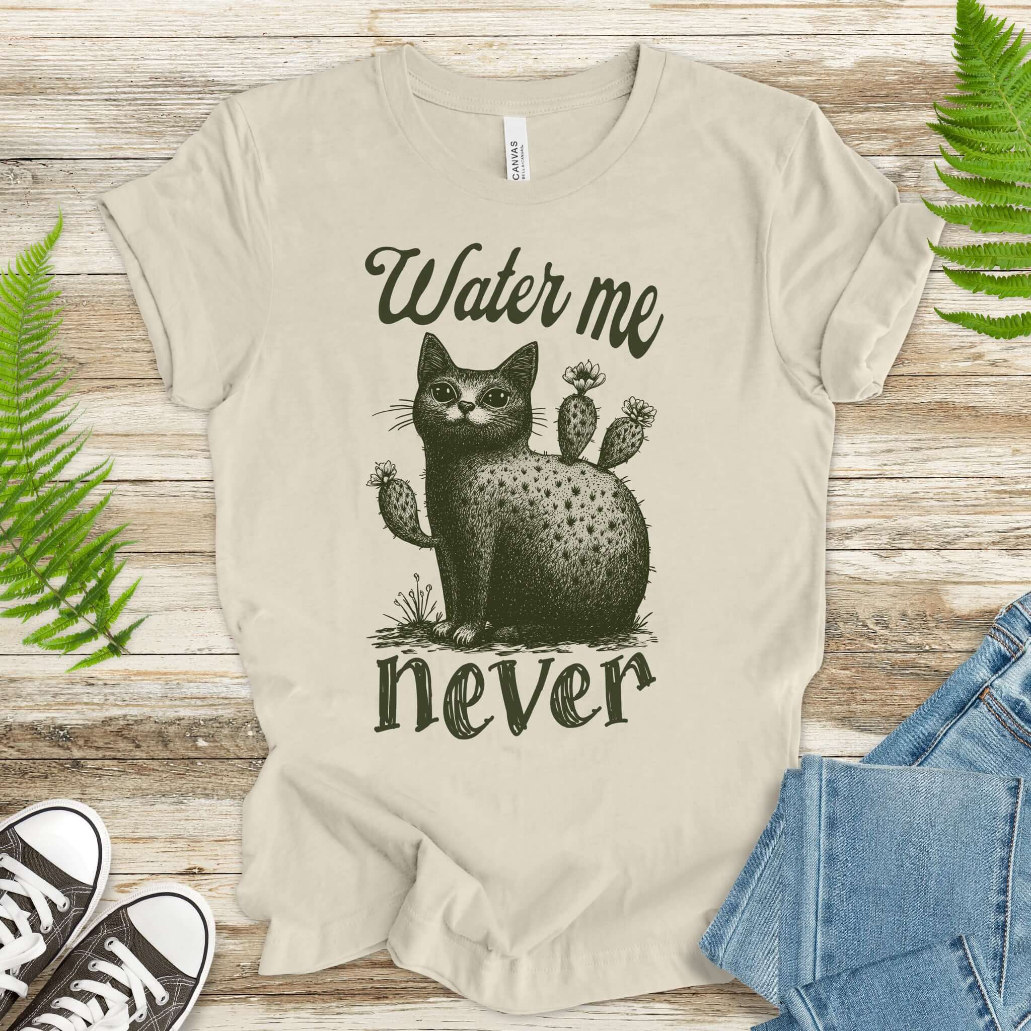 Cactus Cat Water Me Never T-Shirt