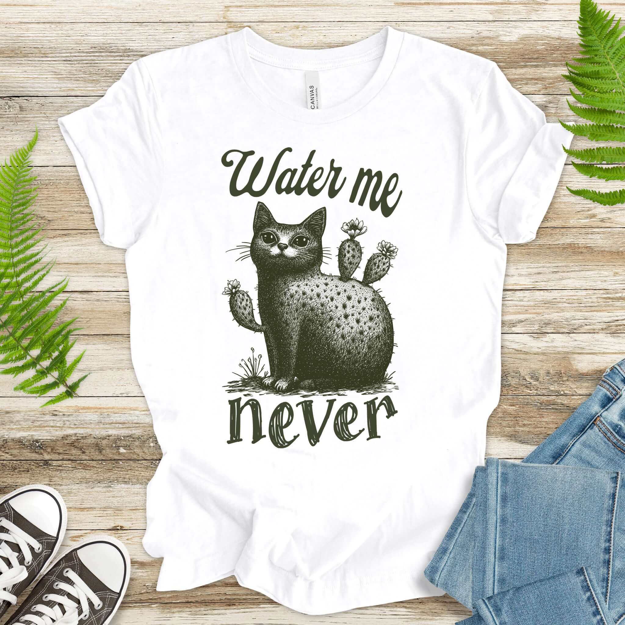 Cactus Cat Water Me Never T-Shirt