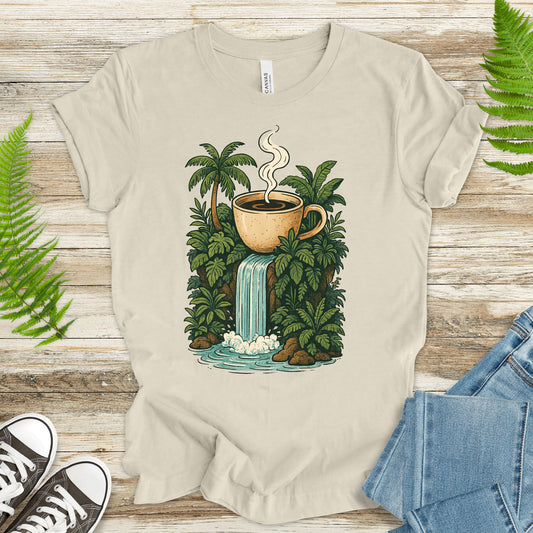 Jungle Coffee Waterfall T-Shirt – Nature Lover & Caffeine Dream Tee