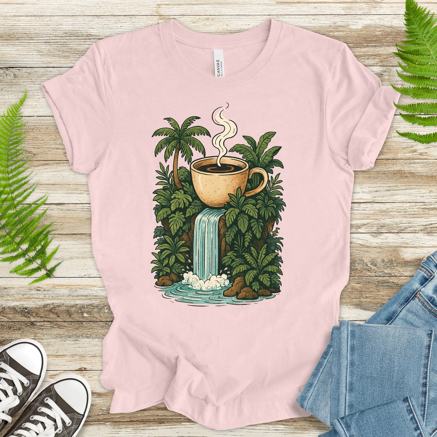 Jungle Coffee Waterfall T-Shirt – Nature Lover & Caffeine Dream Tee