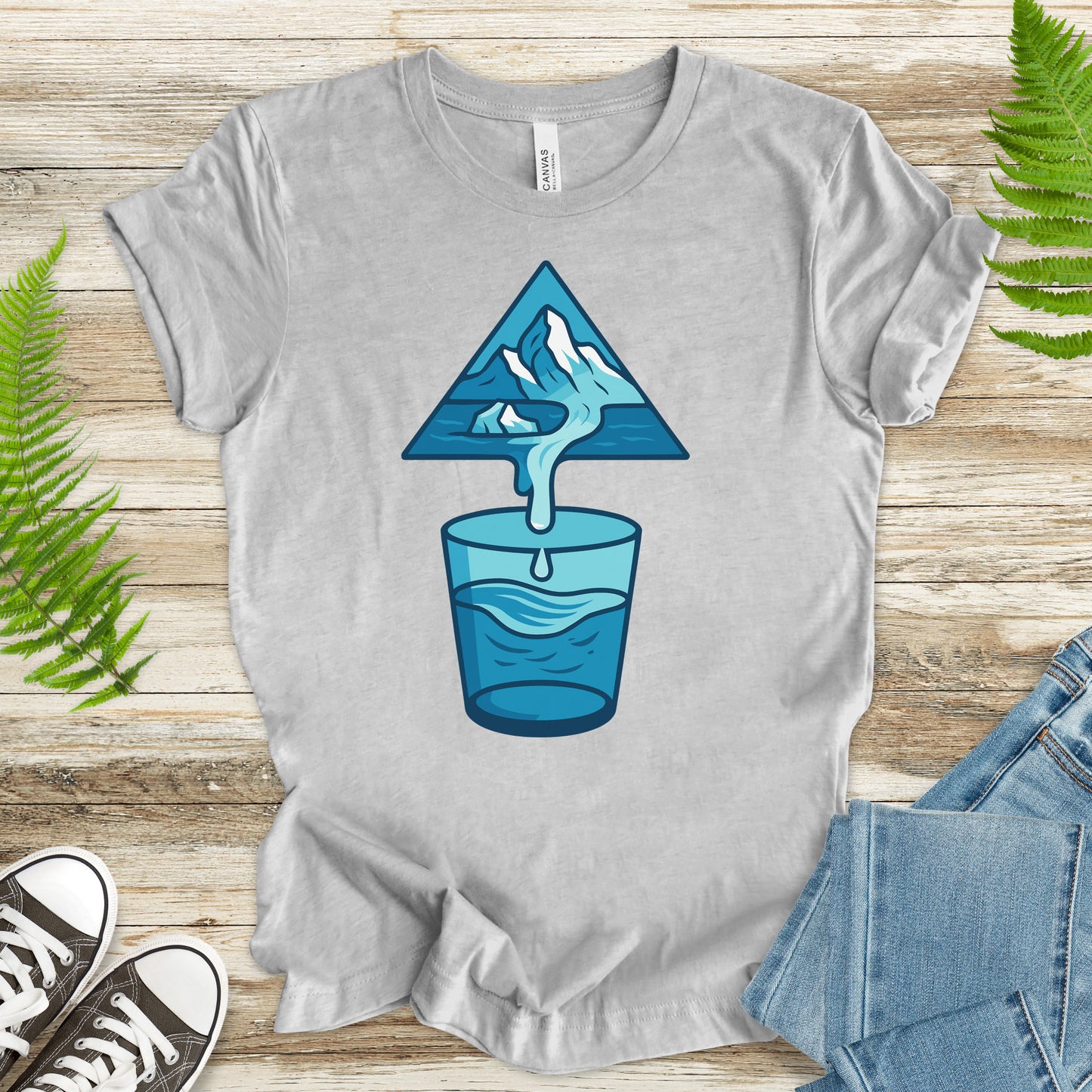 Glacier Pouring into Water Glass T-Shirt – Geometric Nature & National Park Art Tee