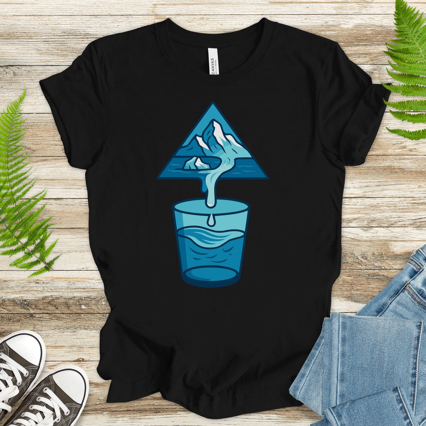 Glacier Pouring into Water Glass T-Shirt – Geometric Nature & National Park Art Tee
