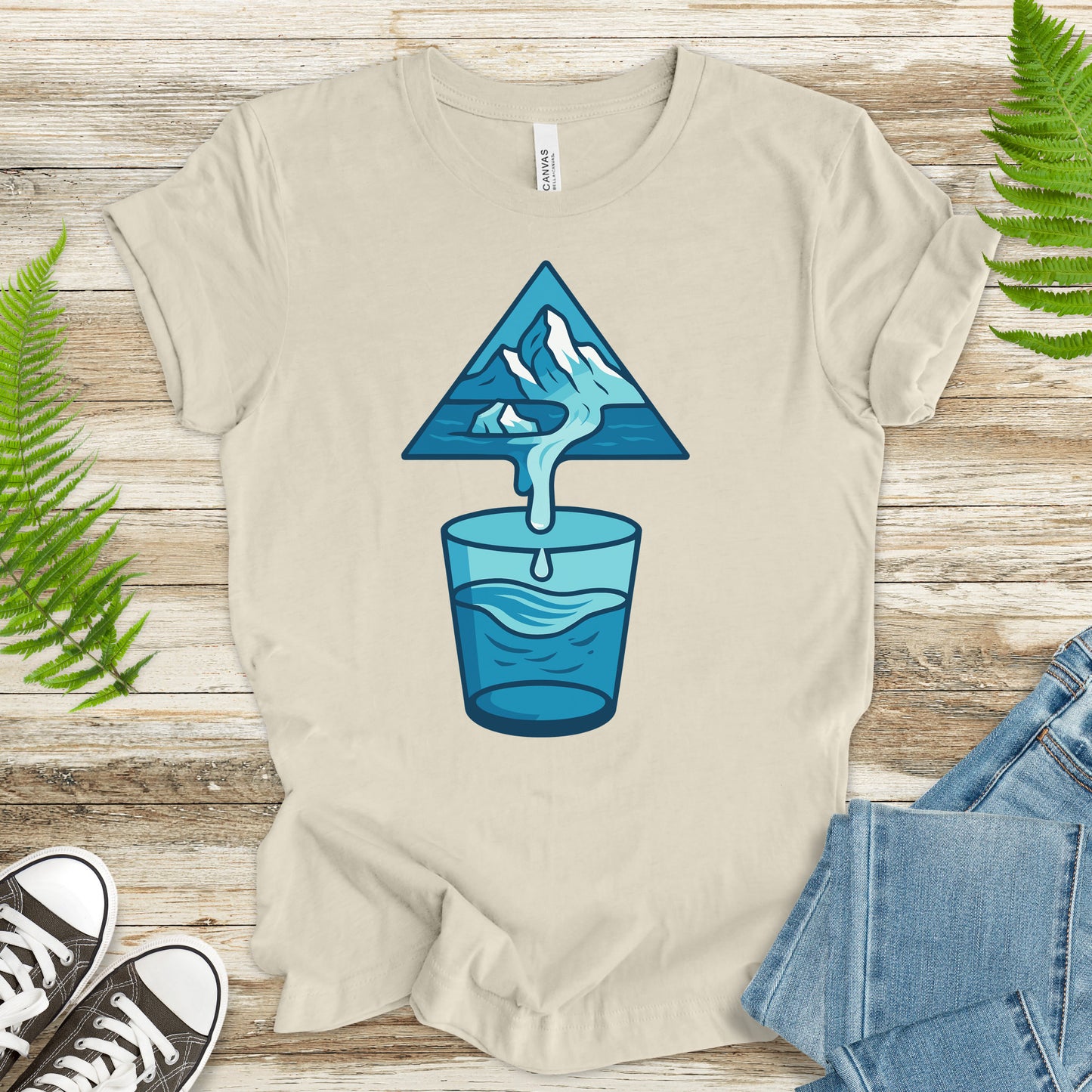 Glacier Pouring into Water Glass T-Shirt – Geometric Nature & National Park Art Tee