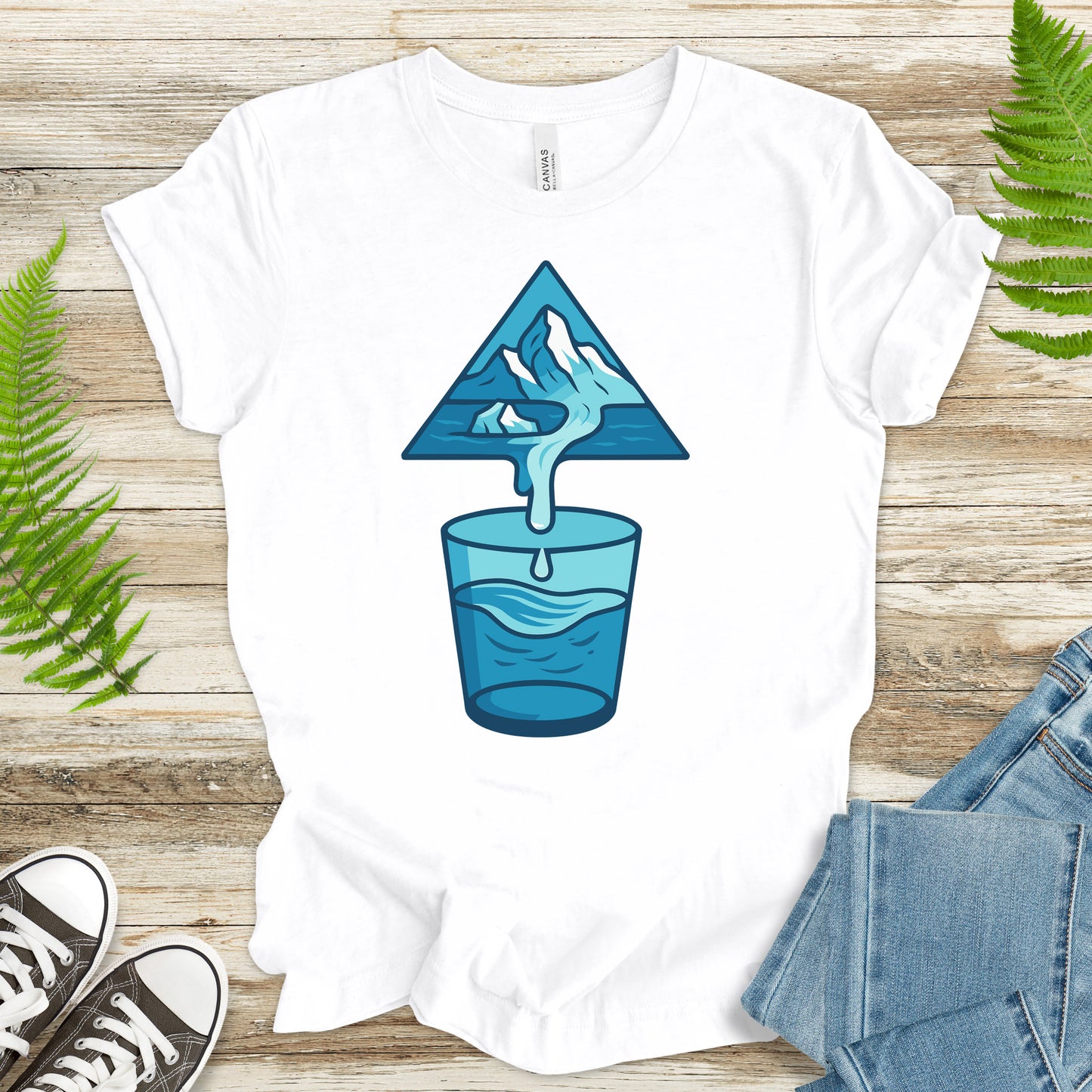 Glacier Pouring into Water Glass T-Shirt – Geometric Nature & National Park Art Tee