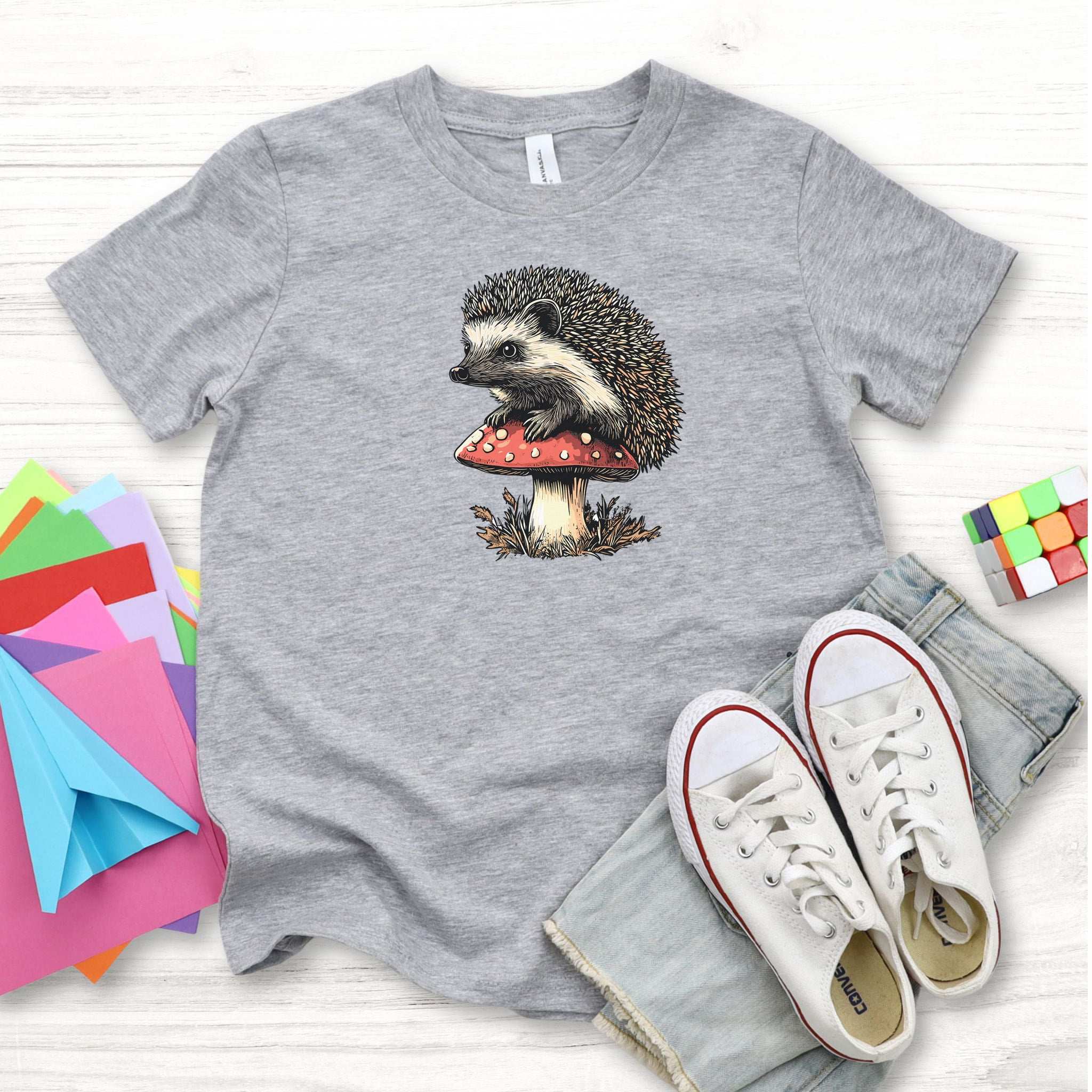 Hedgehog on Mushroom – A Whimsical Forest Scene Youth Tee