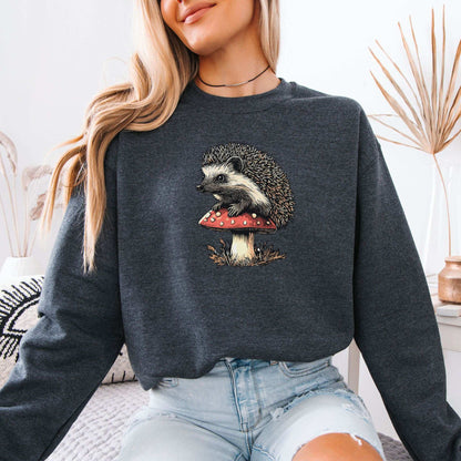 Hedgehog on Mushroom Sweatshirt – Vintage Woodland Gift with Cute Forest Vibes