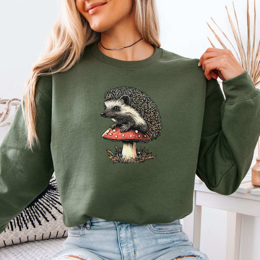Hedgehog on Mushroom Sweatshirt – Vintage Woodland Gift with Cute Forest Vibes