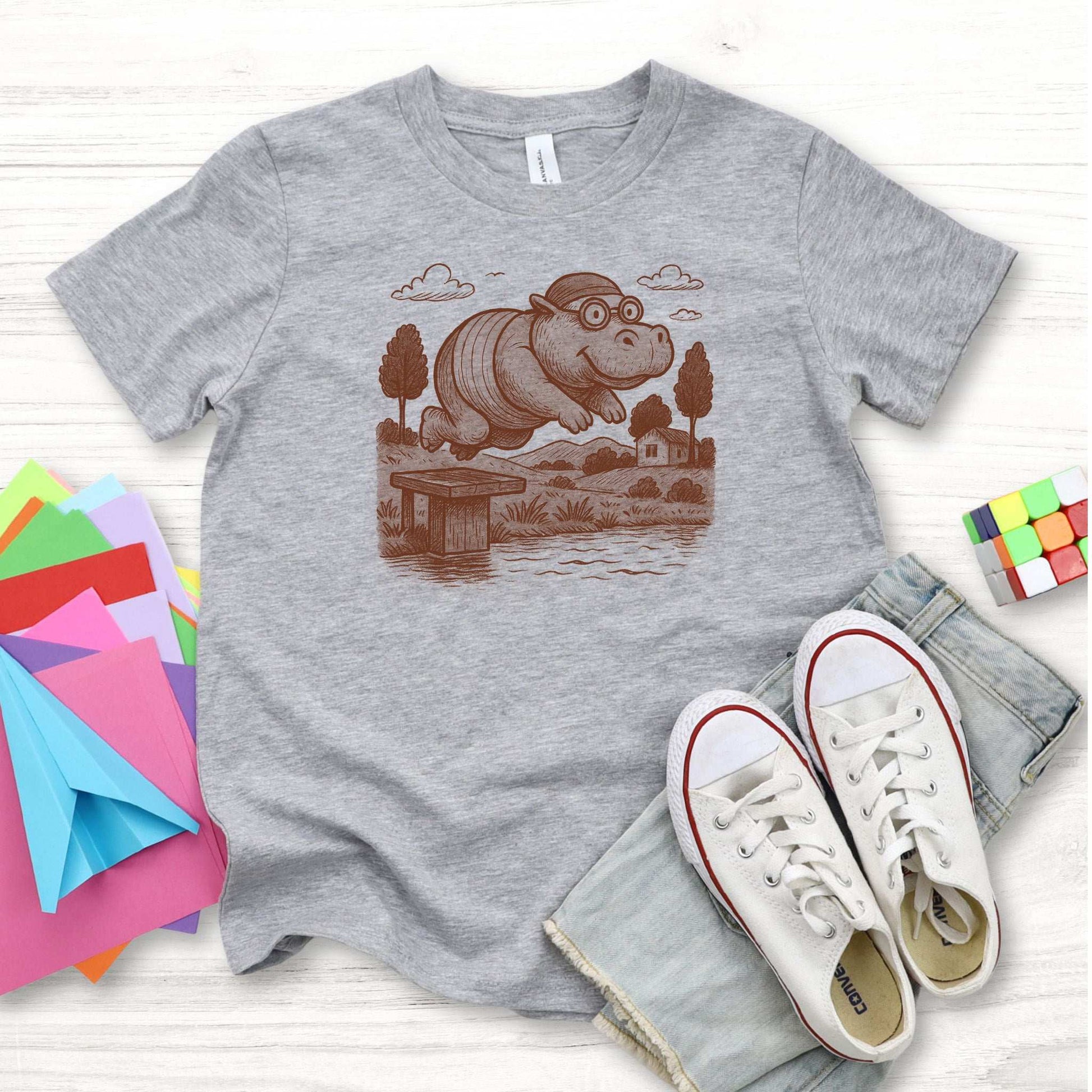 Hippo Morning Swim – Retro Pool Party Vibes Youth Tee