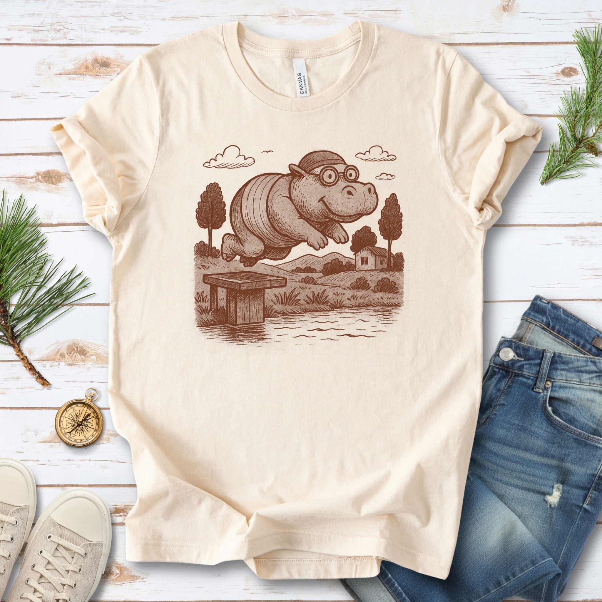 Hippo Morning Swim Retro T-Shirt