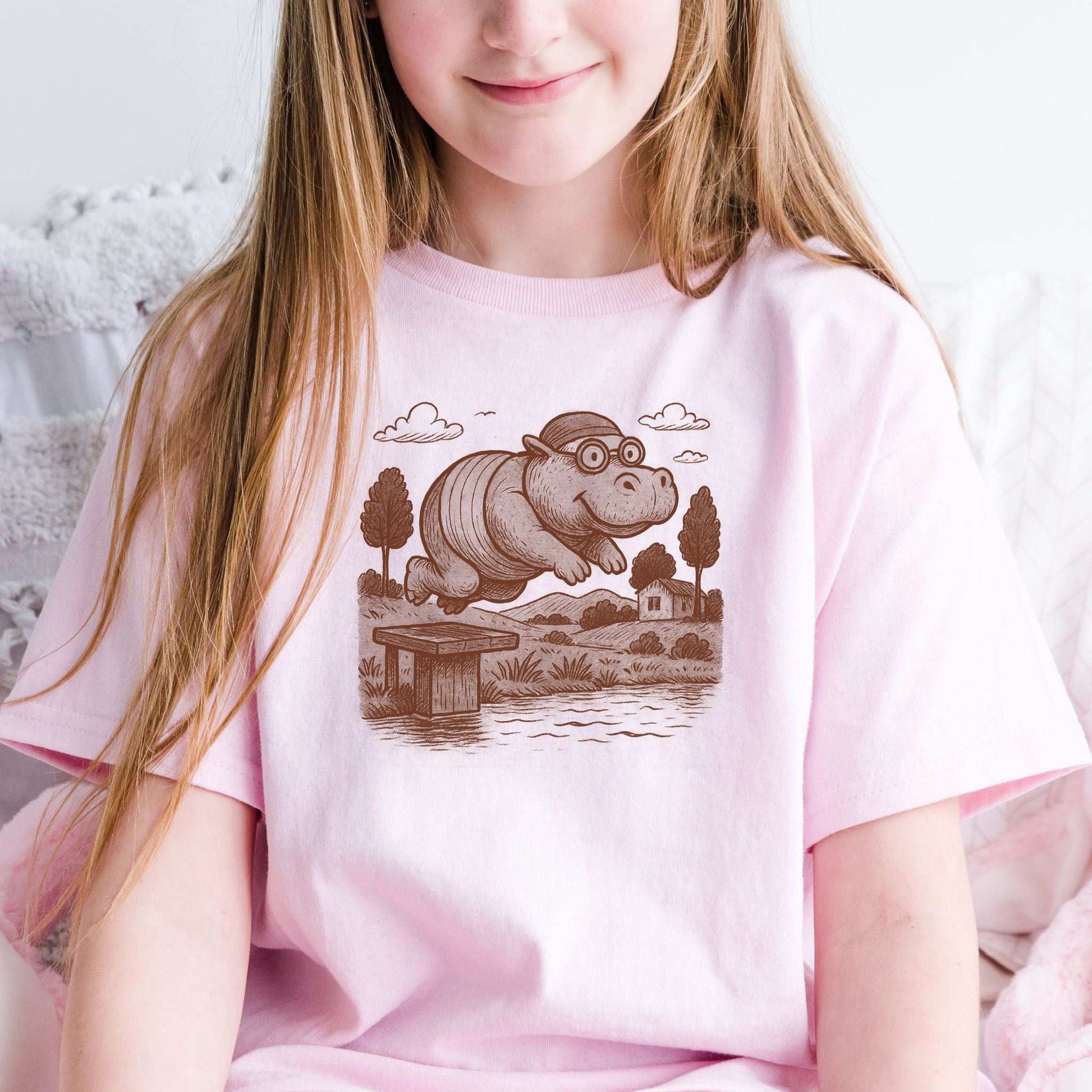 Hippo Morning Swim – Retro Pool Party Vibes Youth Tee