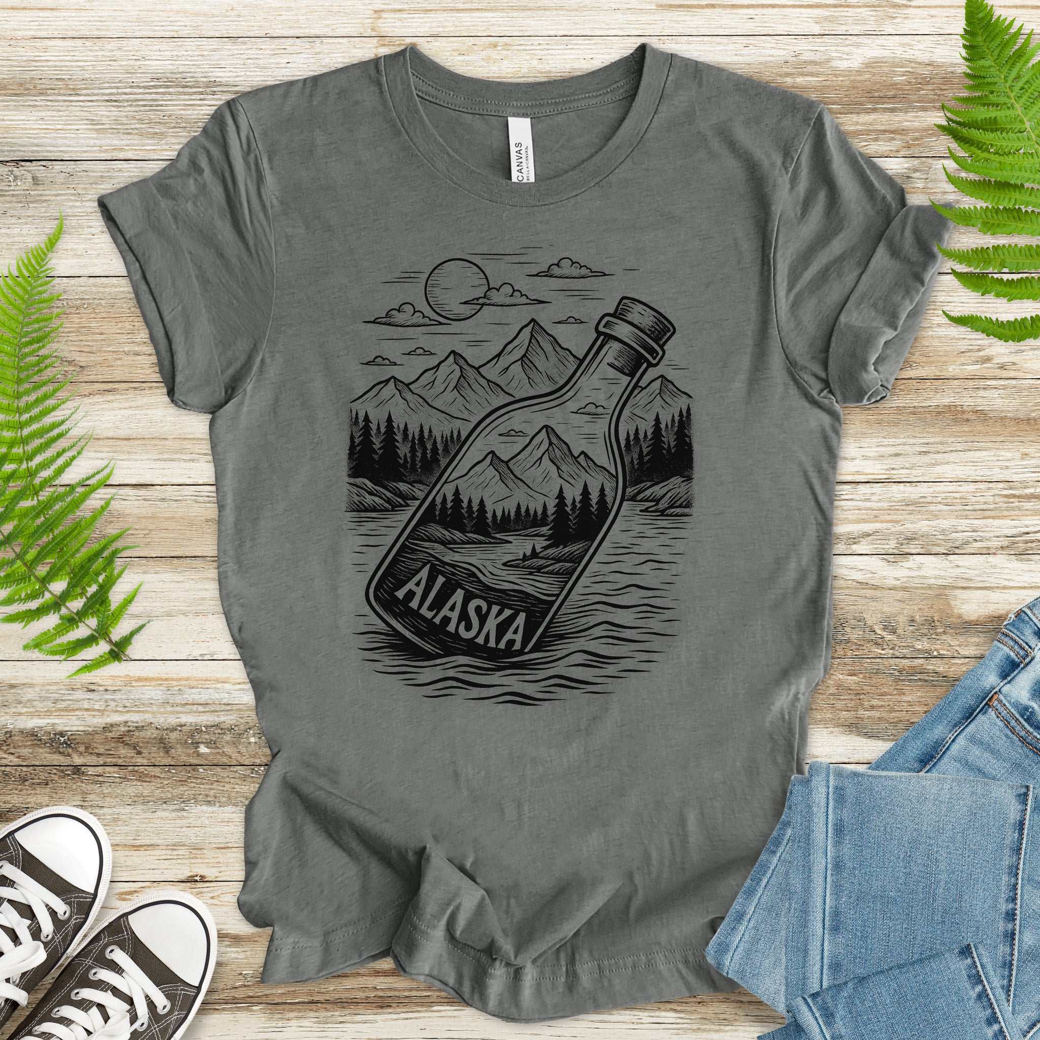 Alaska Bottle Escape T-Shirt – Vintage Wilderness Adventure Tee