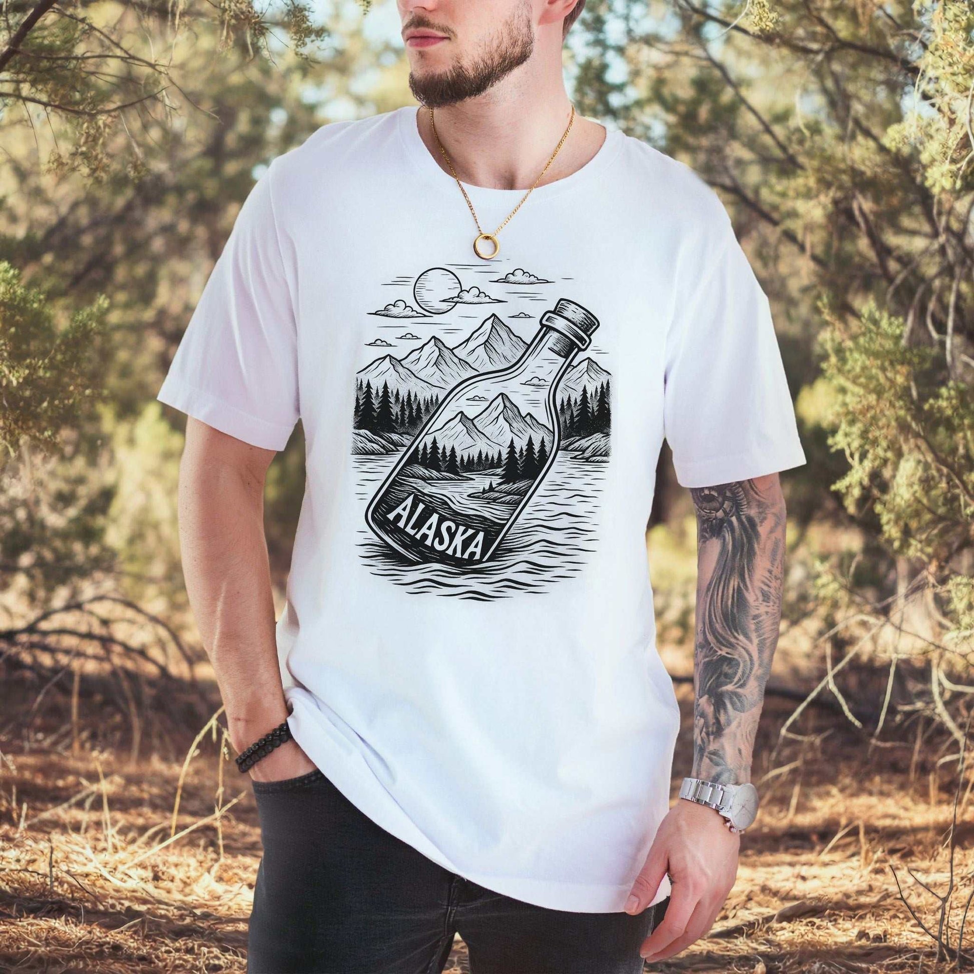 Alaska Bottle Escape T-Shirt – Vintage Wilderness Adventure Tee