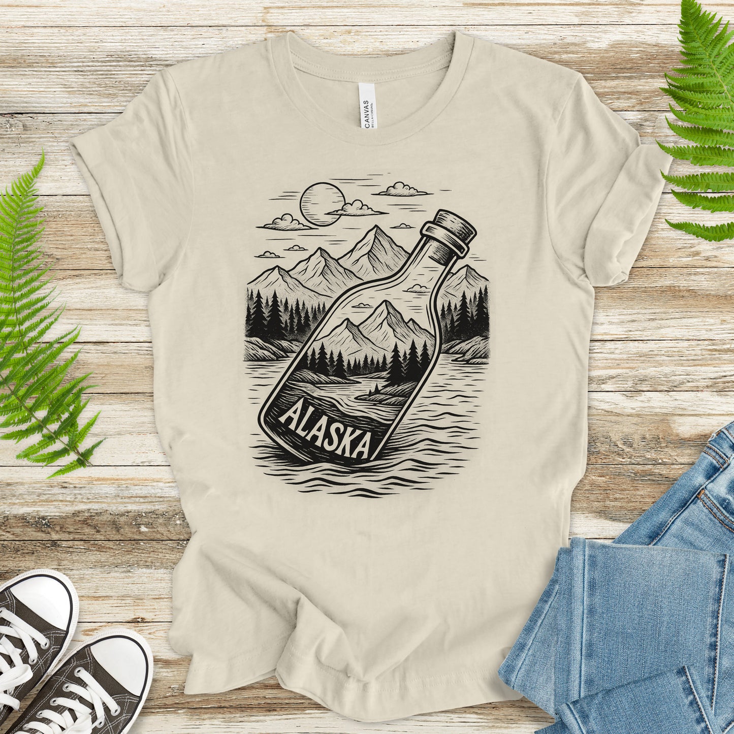 Alaska Bottle Escape T-Shirt – Vintage Wilderness Adventure Tee