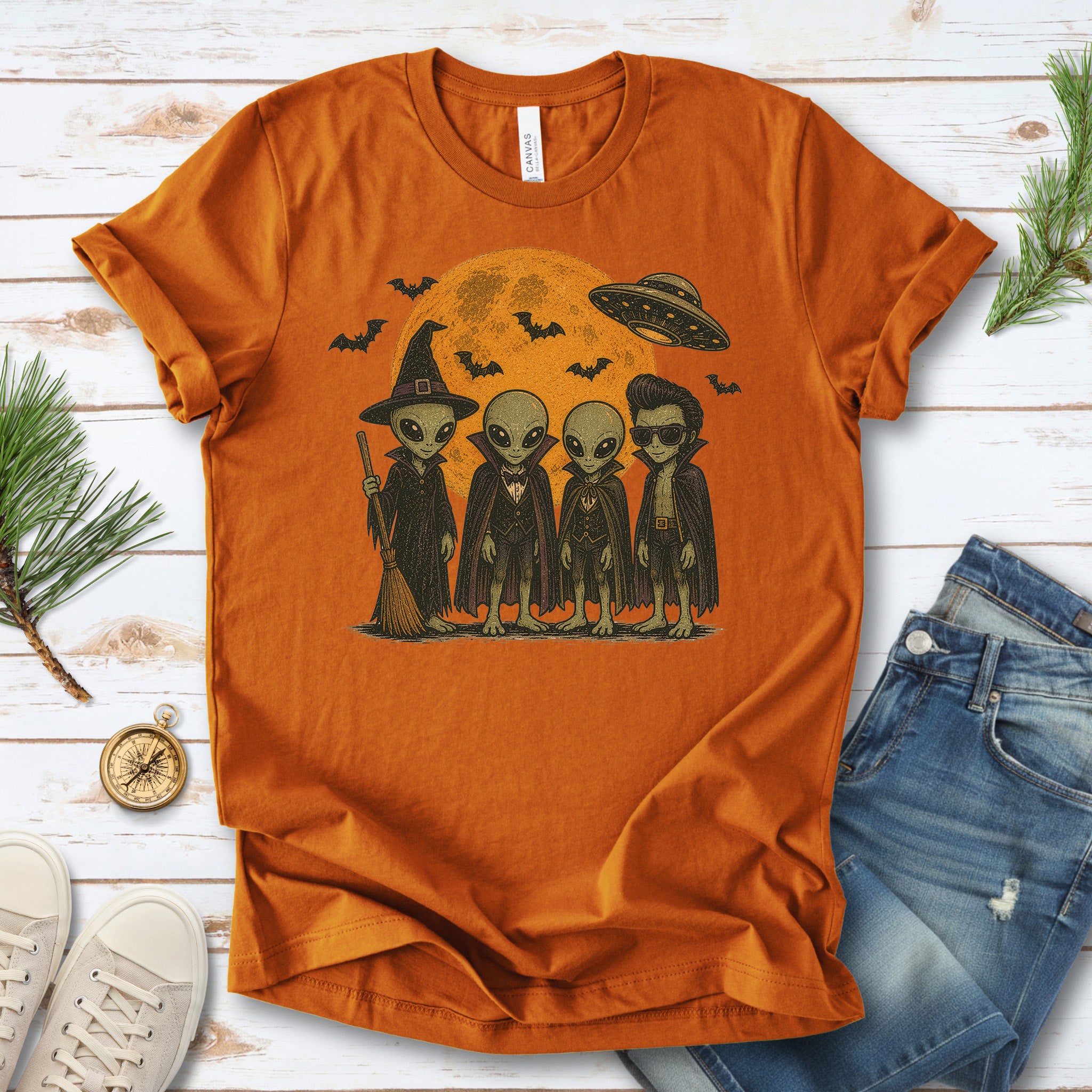 Alien Halloween Crew Retro UFO Witch Vampire Costume T-Shirt
