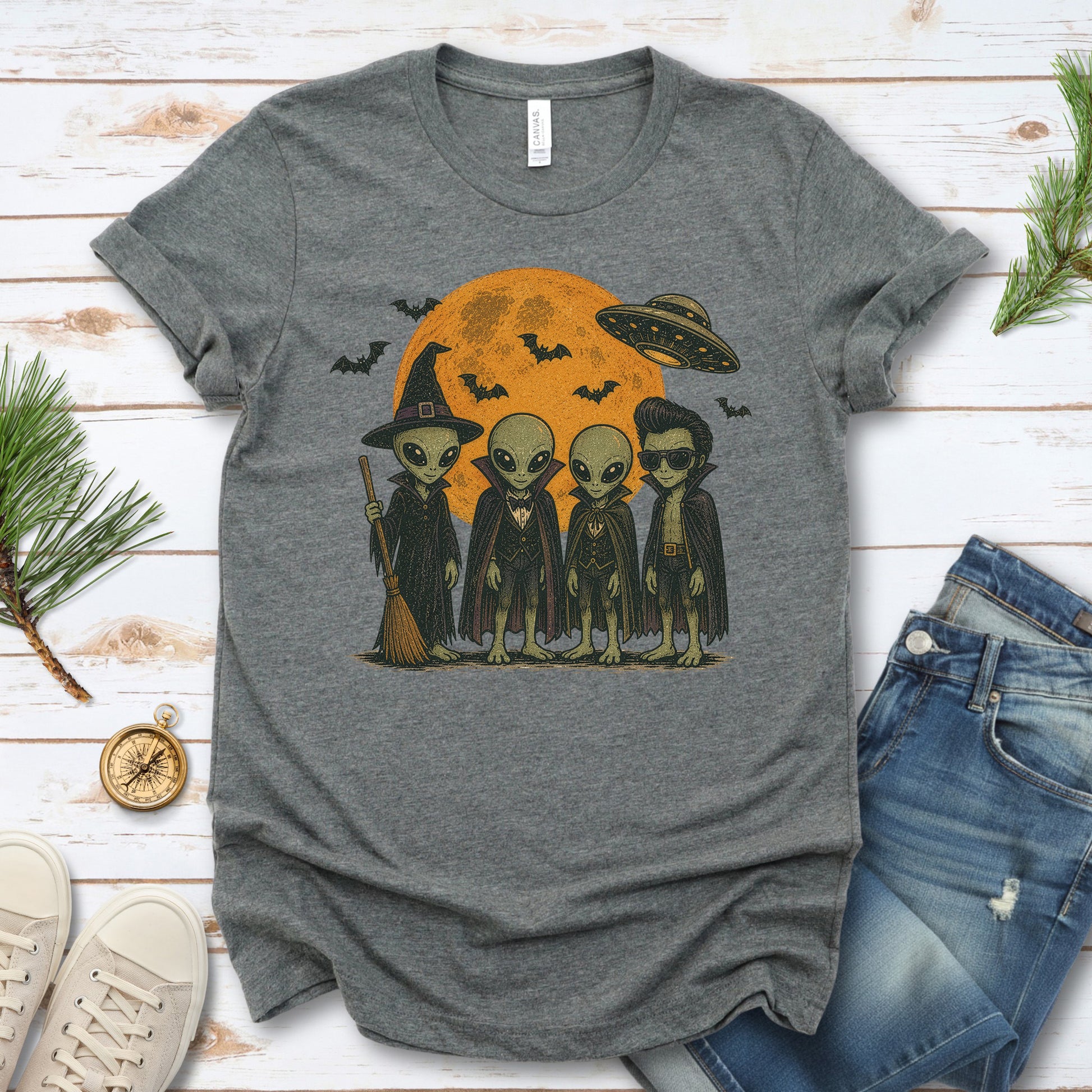 Alien Halloween Crew Retro UFO Witch Vampire Costume T-Shirt