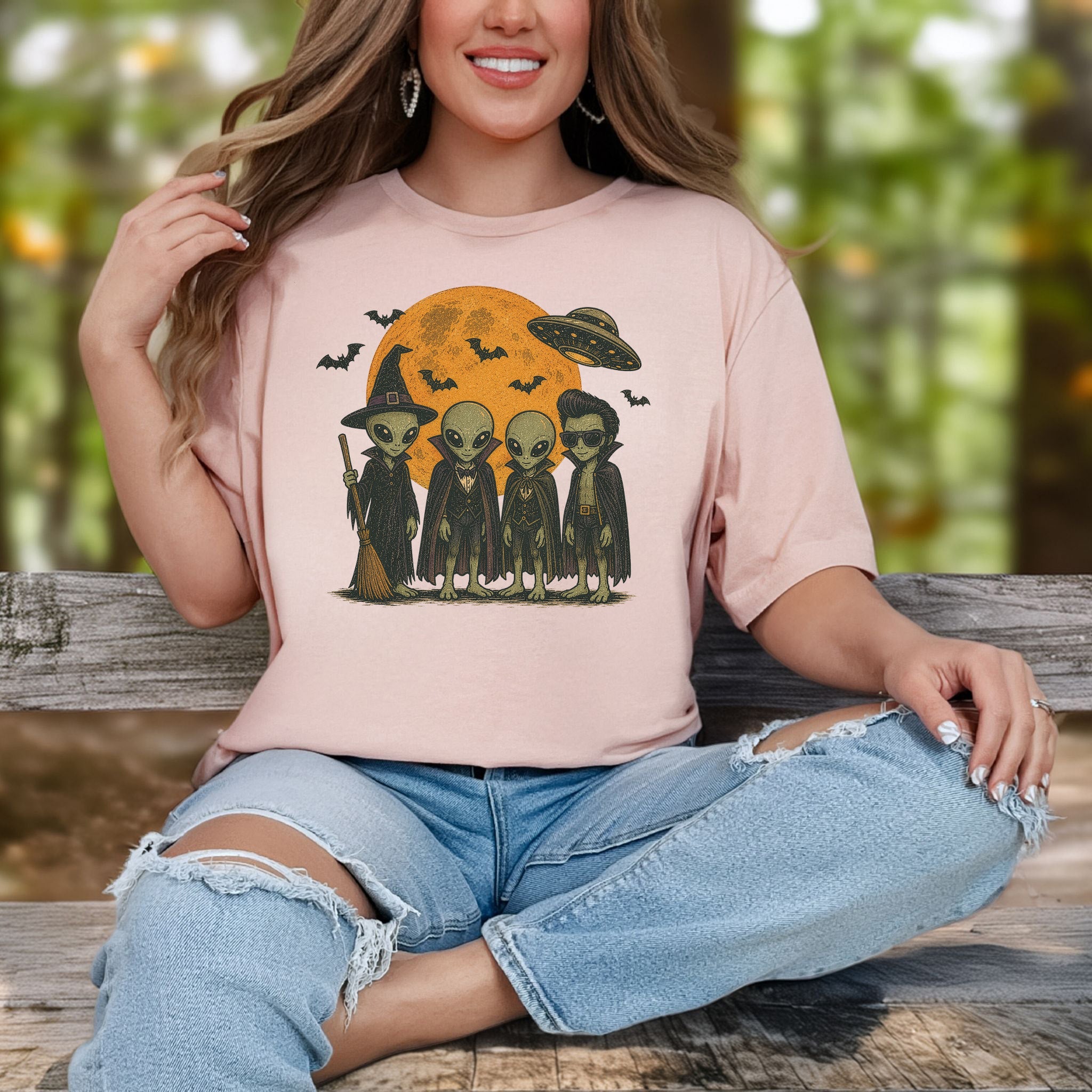 Alien Halloween Crew Retro UFO Witch Vampire Costume T-Shirt