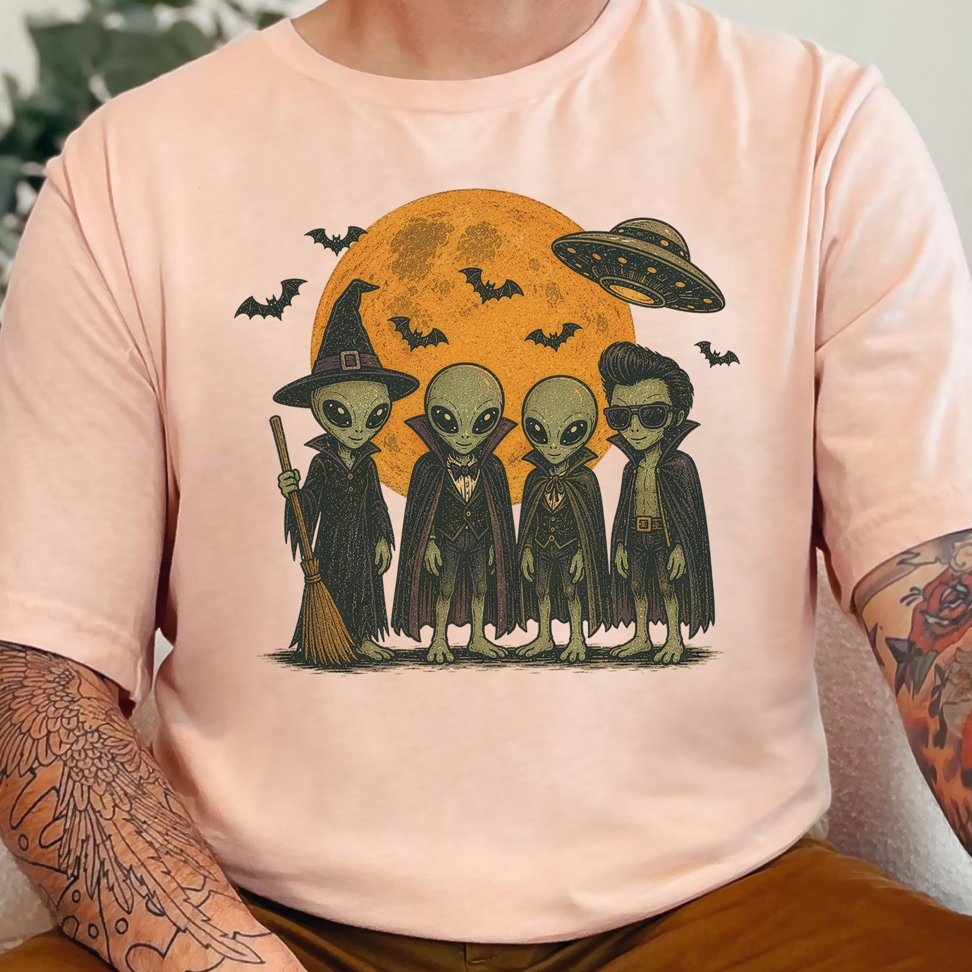 Alien Halloween Crew Retro UFO Witch Vampire Costume T-Shirt