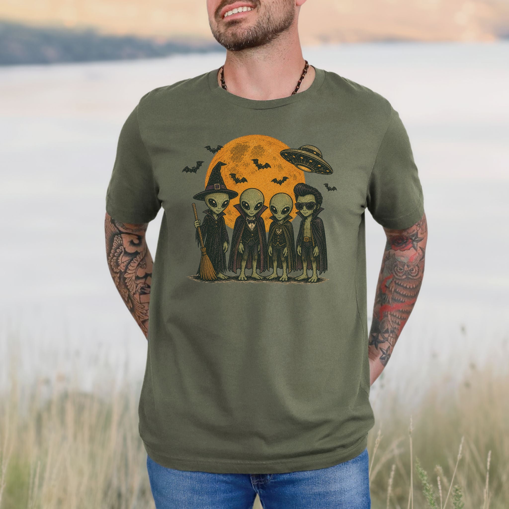 Alien Halloween Crew Retro UFO Witch Vampire Costume T-Shirt