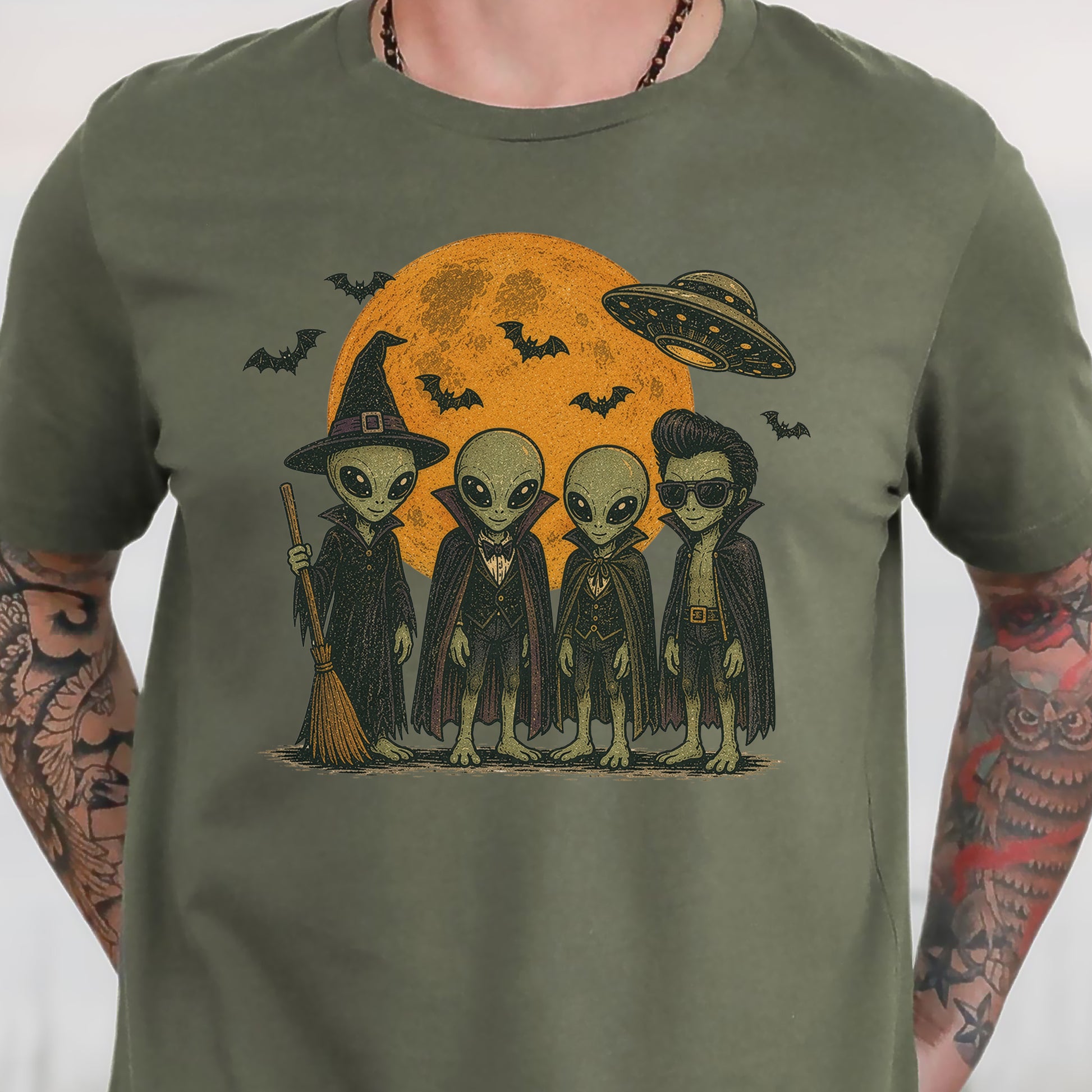 Alien Halloween Crew Retro UFO Witch Vampire Costume T-Shirt