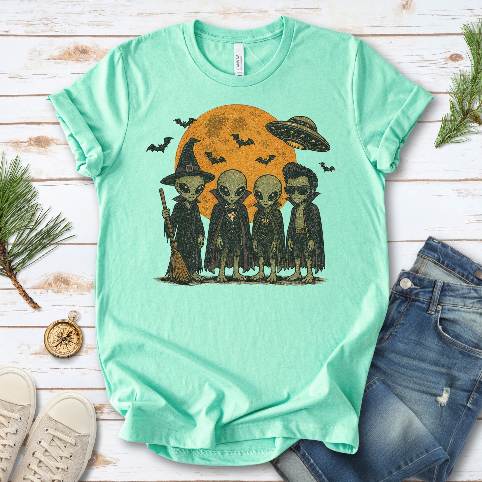 Alien Halloween Crew Retro UFO Witch Vampire Costume T-Shirt