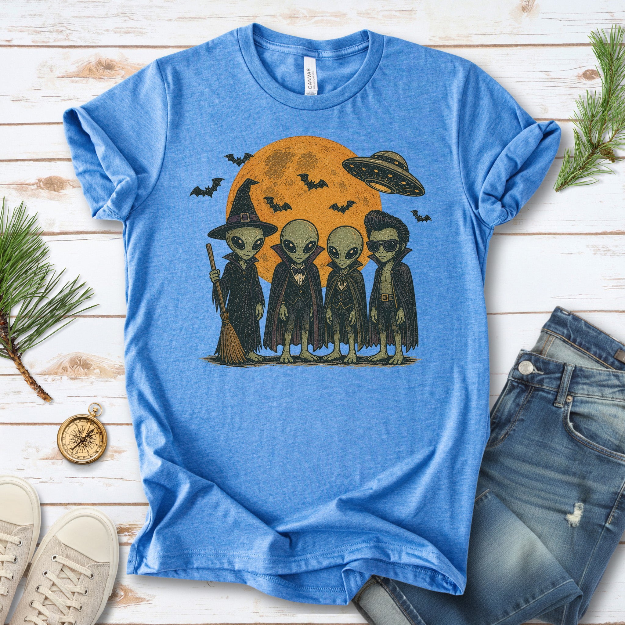 Alien Halloween Crew Retro UFO Witch Vampire Costume T-Shirt