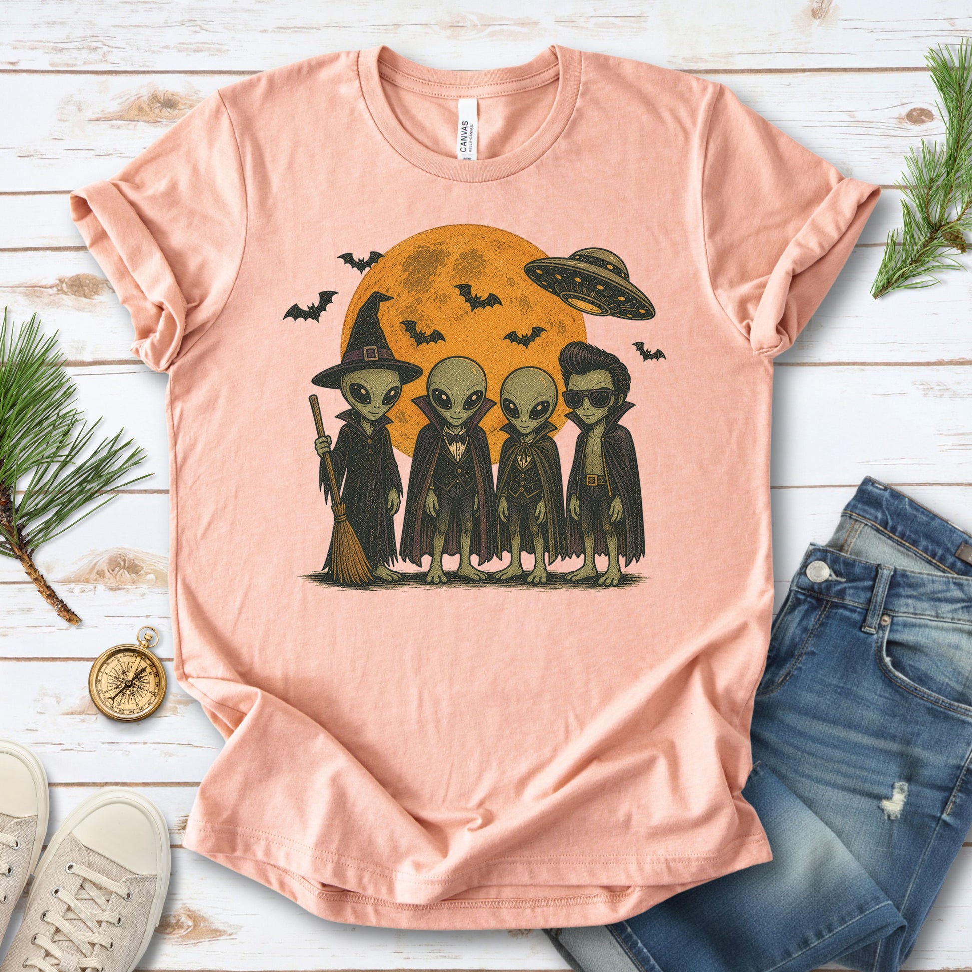 Alien Halloween Crew Retro UFO Witch Vampire Costume T-Shirt