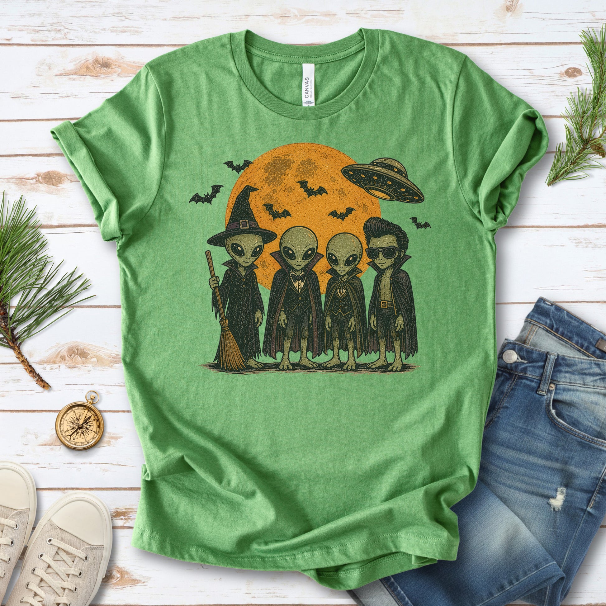 Alien Halloween Crew Retro UFO Witch Vampire Costume T-Shirt