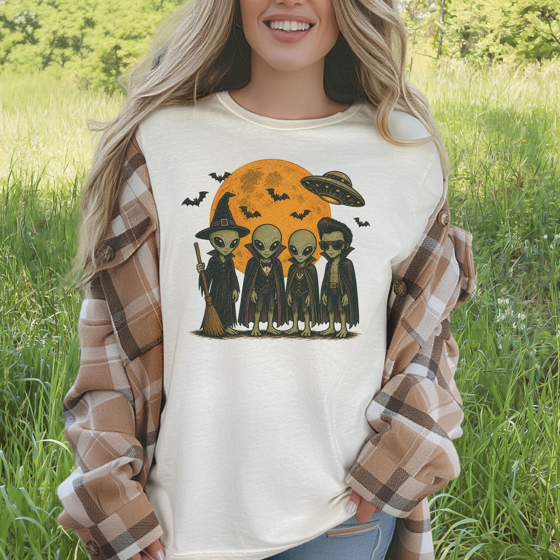 Alien Halloween Crew Retro UFO Witch Vampire Costume T-Shirt