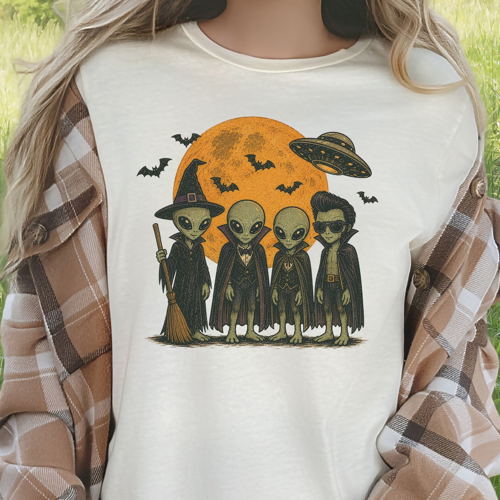 Alien Halloween Crew Retro UFO Witch Vampire Costume T-Shirt