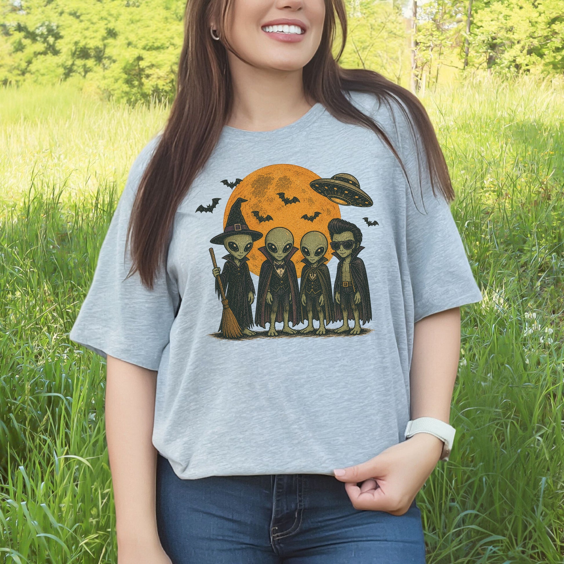 Alien Halloween Crew Retro UFO Witch Vampire Costume T-Shirt