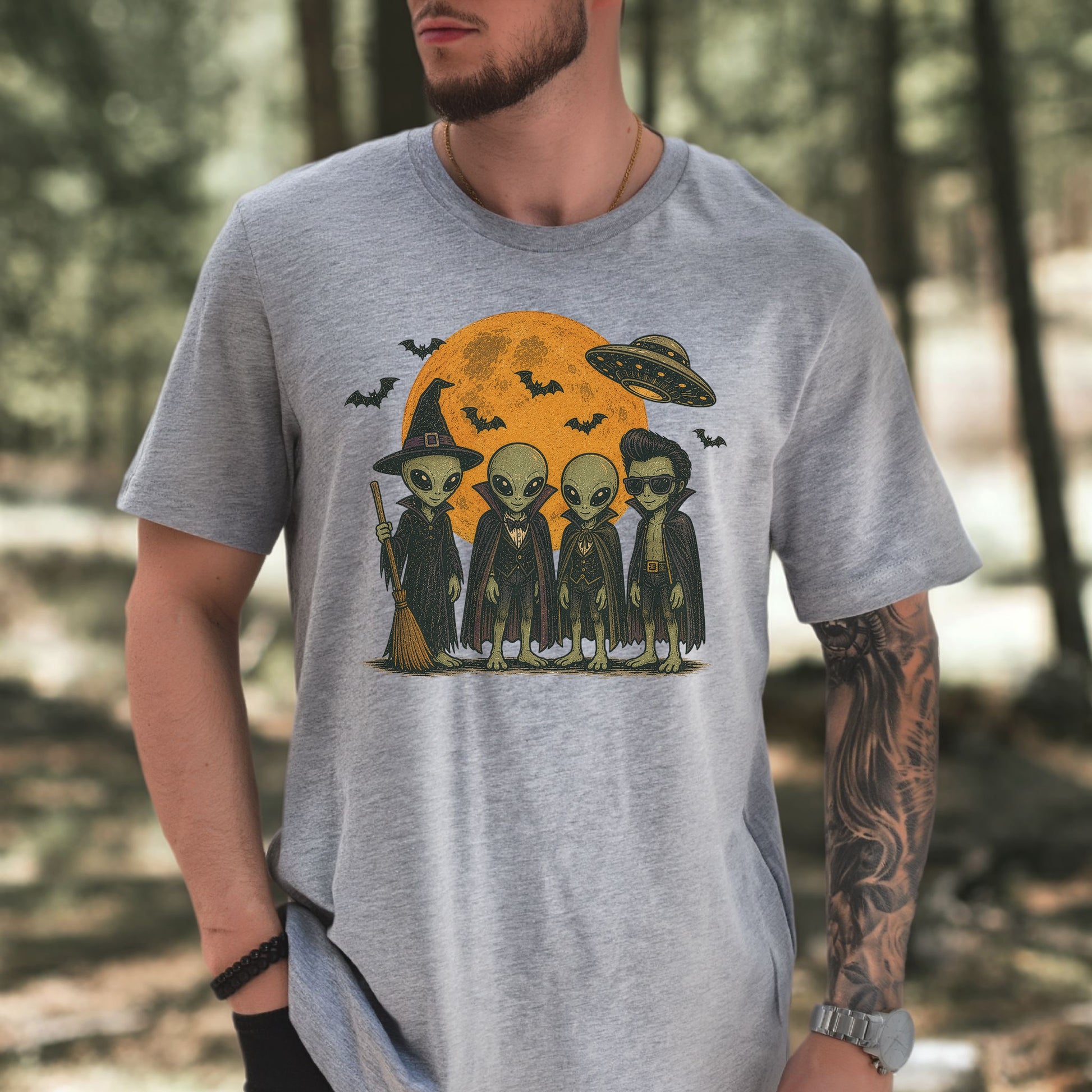 Alien Halloween Crew Retro UFO Witch Vampire Costume T-Shirt