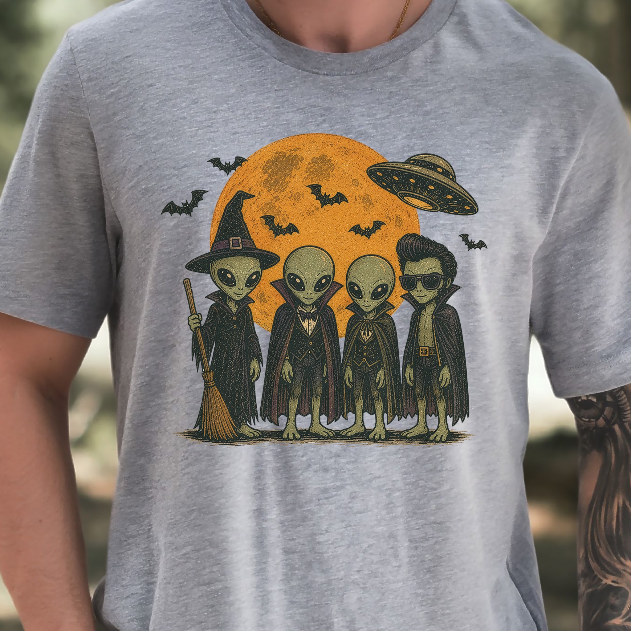 Alien Halloween Crew Retro UFO Witch Vampire Costume T-Shirt