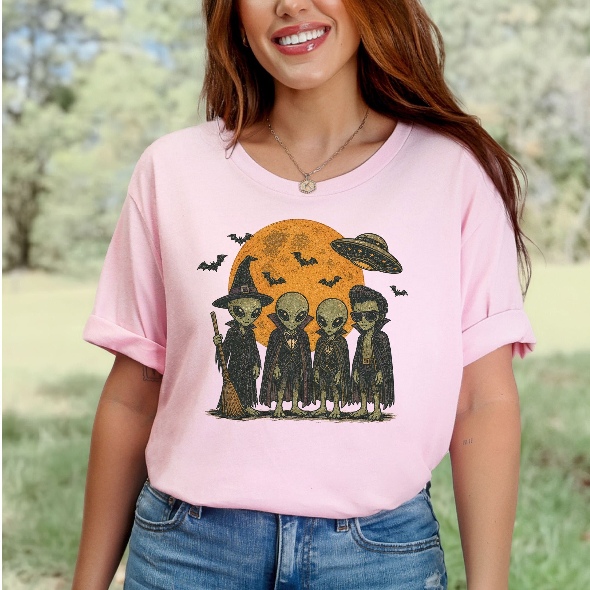 Alien Halloween Crew Retro UFO Witch Vampire Costume T-Shirt