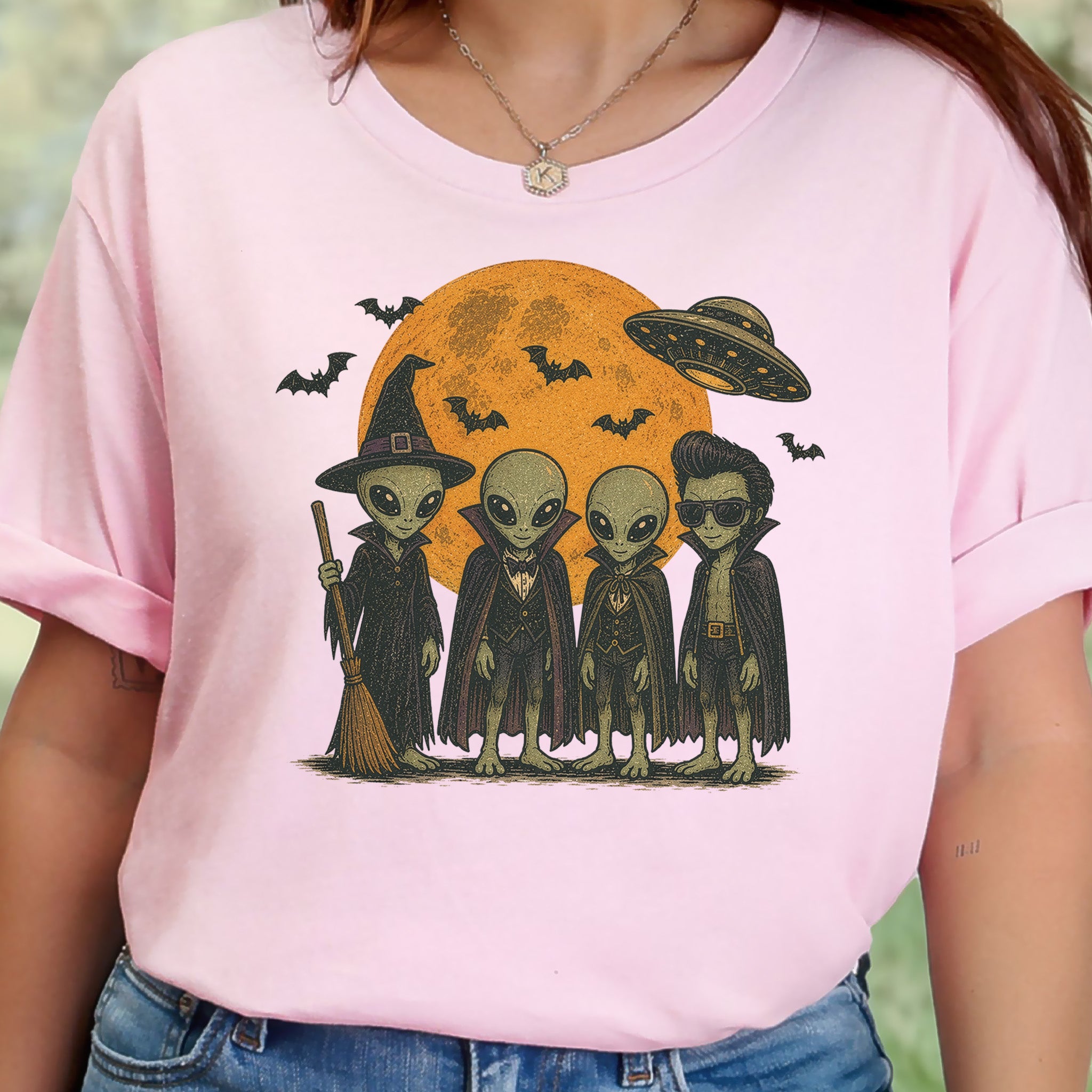 Alien Halloween Crew Retro UFO Witch Vampire Costume T-Shirt