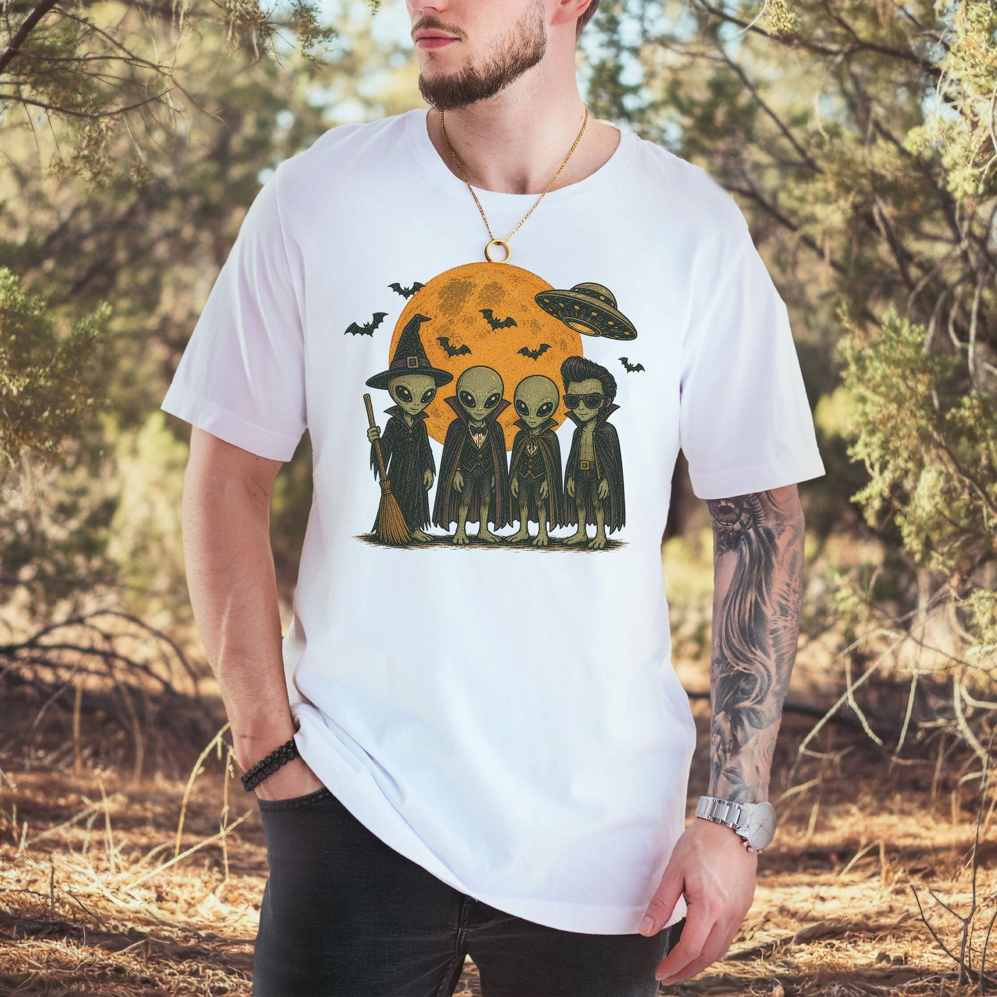 Alien Halloween Crew Retro UFO Witch Vampire Costume T-Shirt