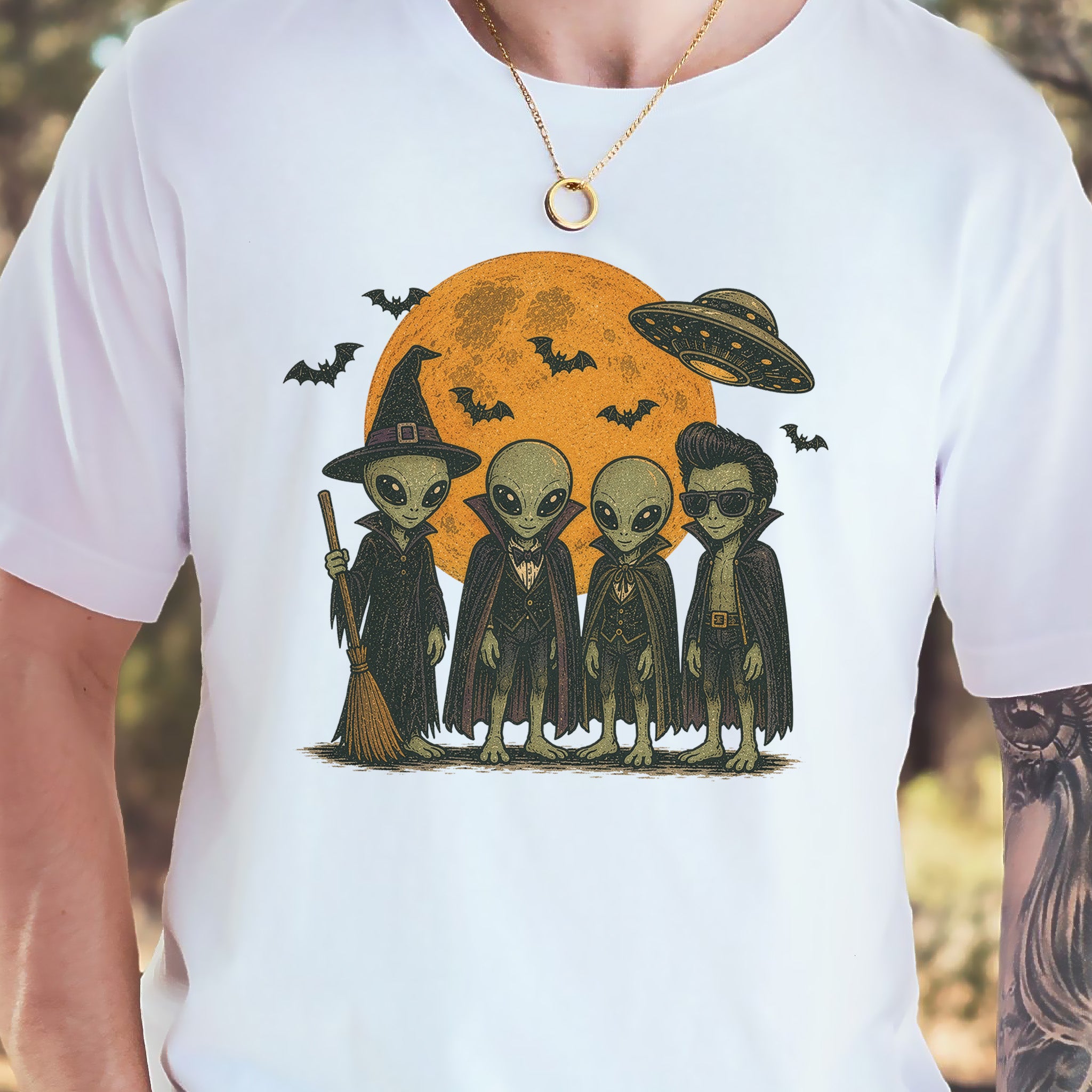 Alien Halloween Crew Retro UFO Witch Vampire Costume T-Shirt