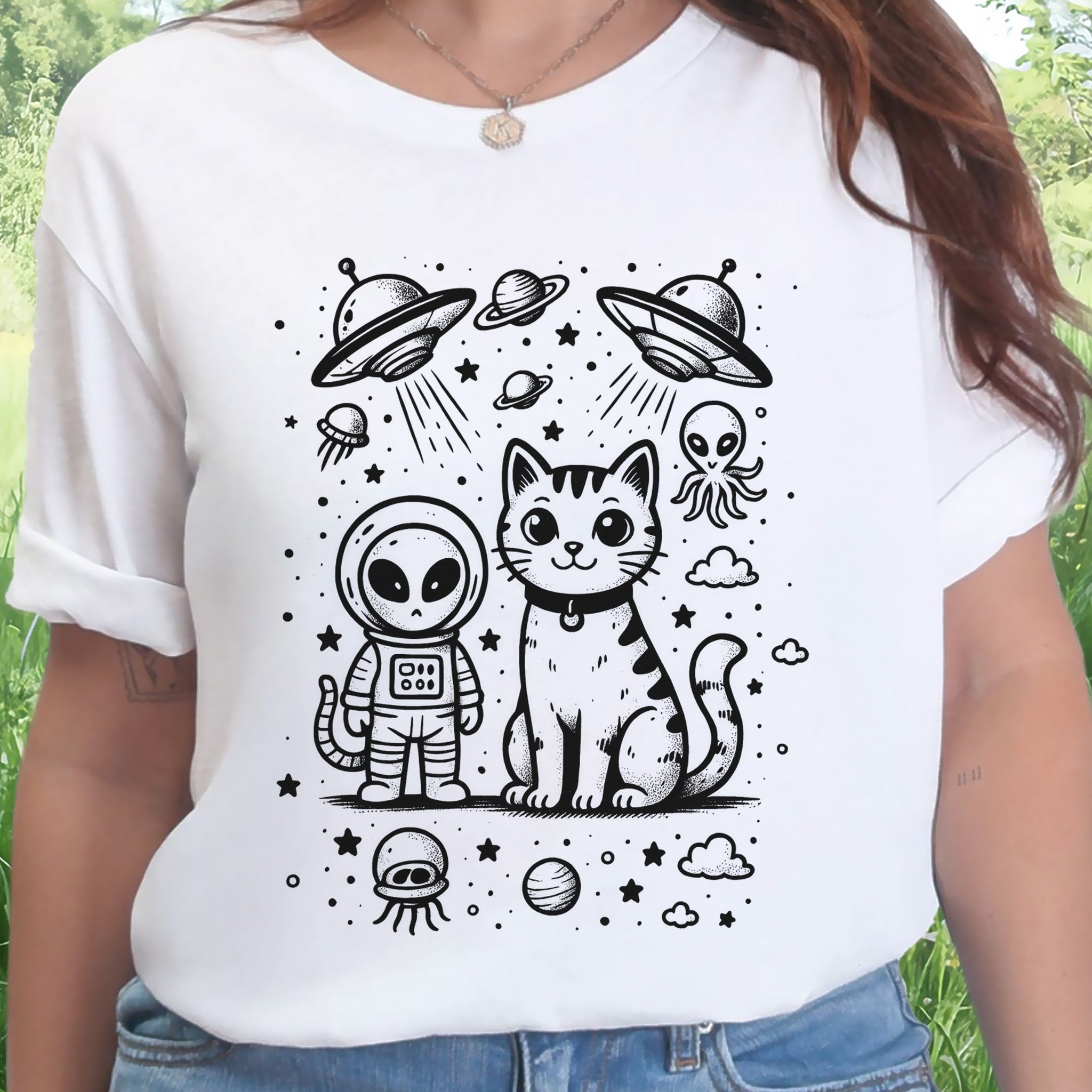 Alien & Cat Cosmic Buddies T-Shirt