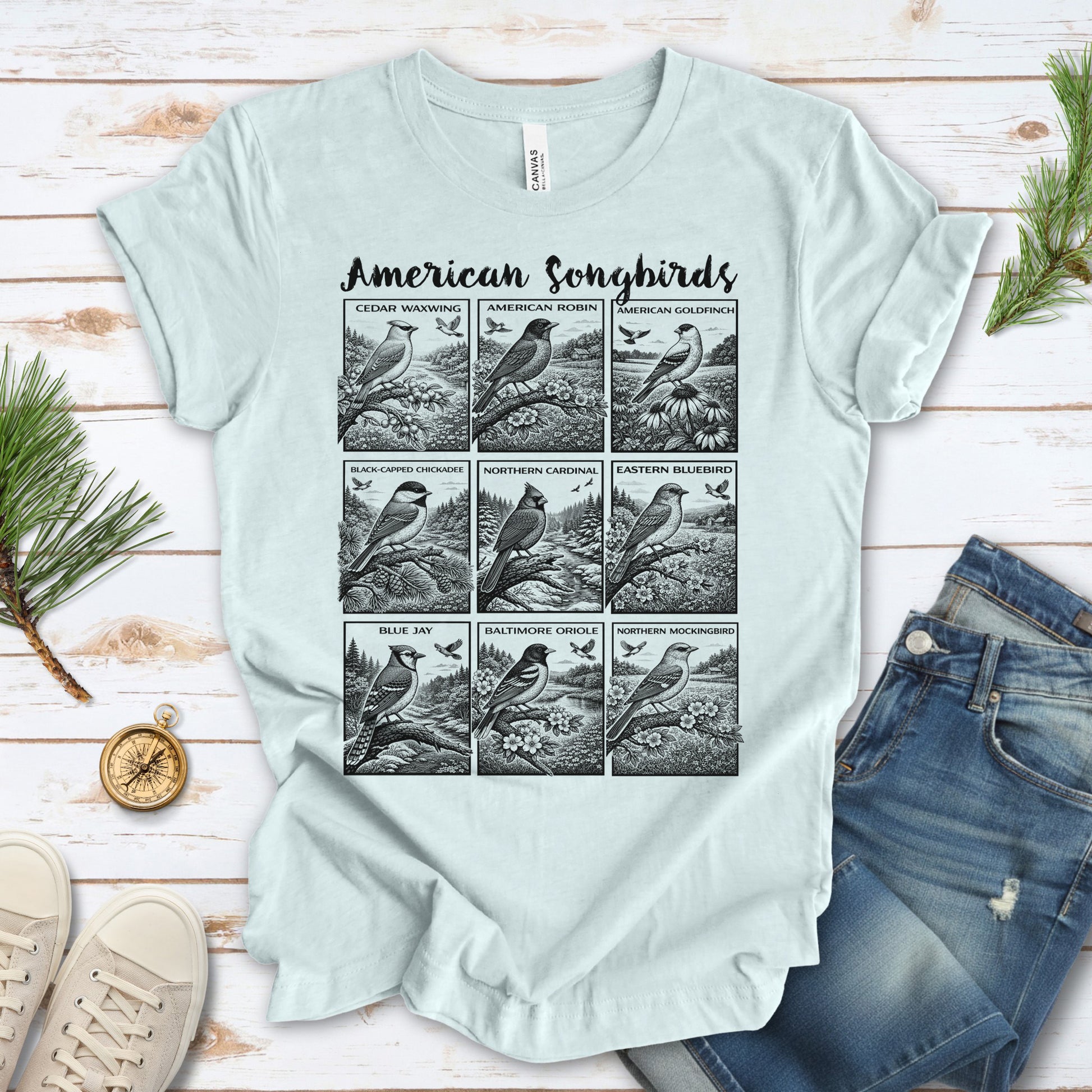 American Songbirds Vintage Nature Illustration T-Shirt