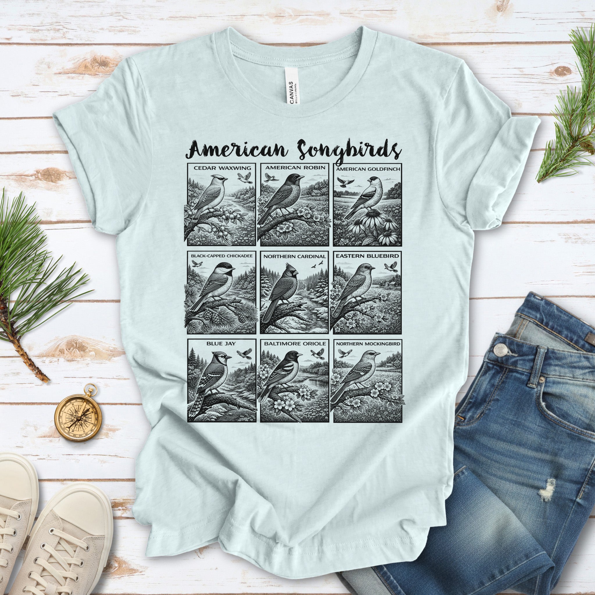 American Songbirds Vintage Nature Illustration T-Shirt