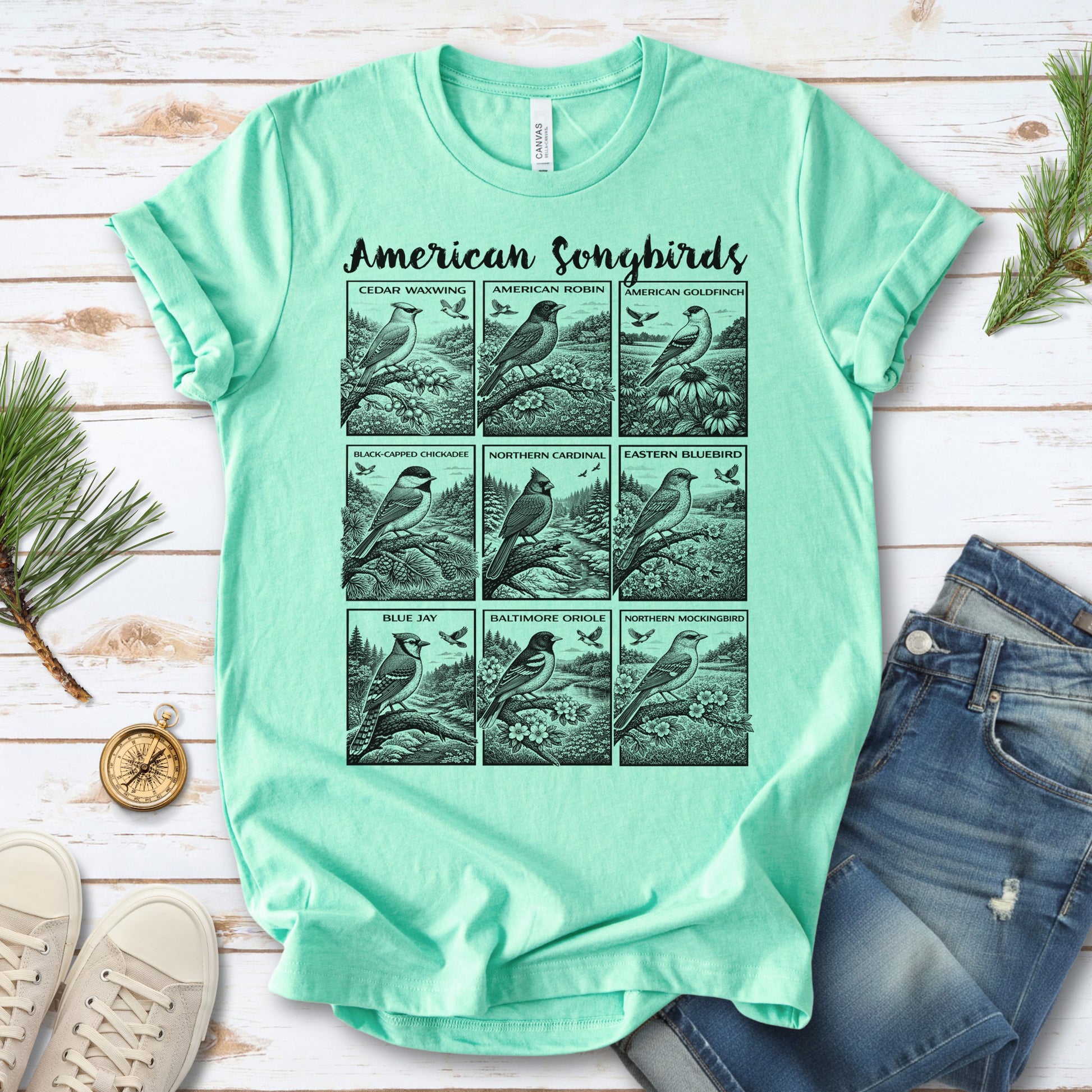 American Songbirds Vintage Nature Illustration T-Shirt