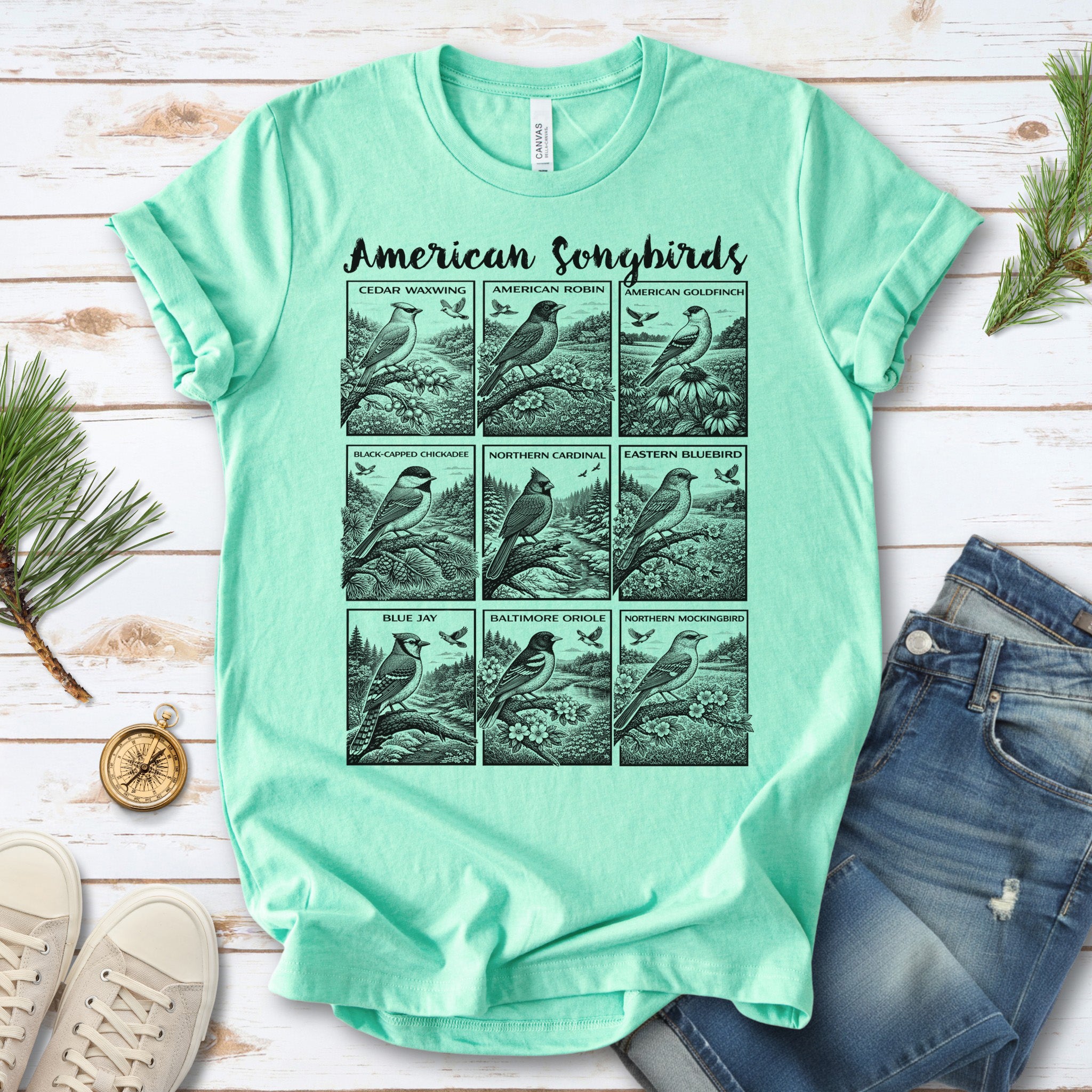 American Songbirds Vintage Nature Illustration T-Shirt