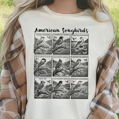 American Songbirds Vintage Nature Illustration T-Shirt