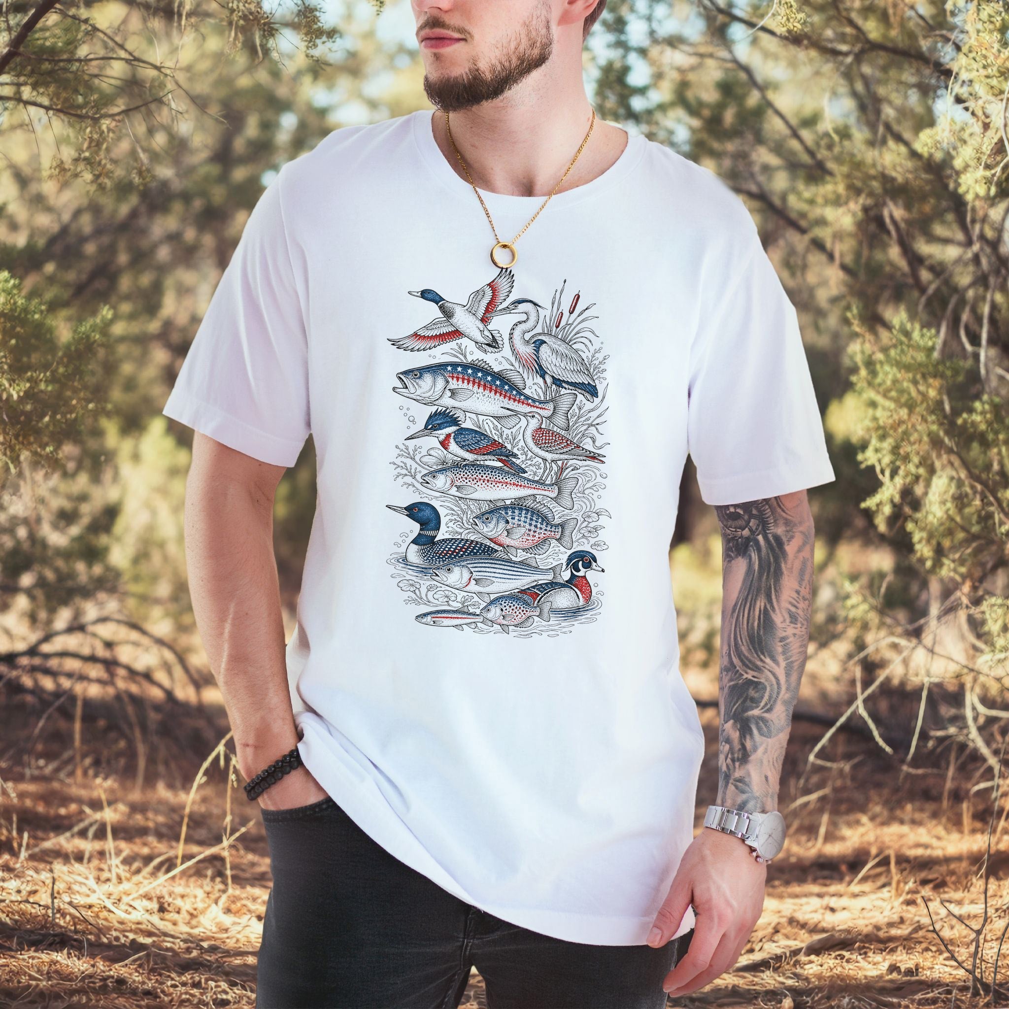 American Waters 250th Anniversary Patriotic Fish & Bird T-Shirt