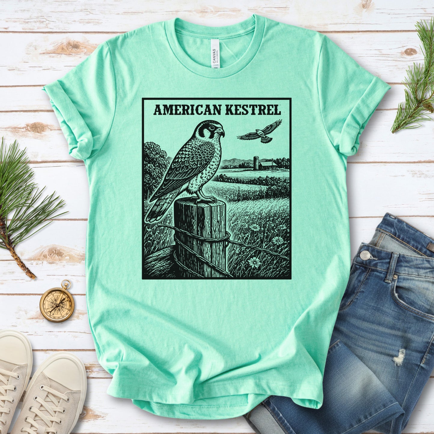 American Kestrel Vintage Raptor Illustration Birdwatching T-Shirt