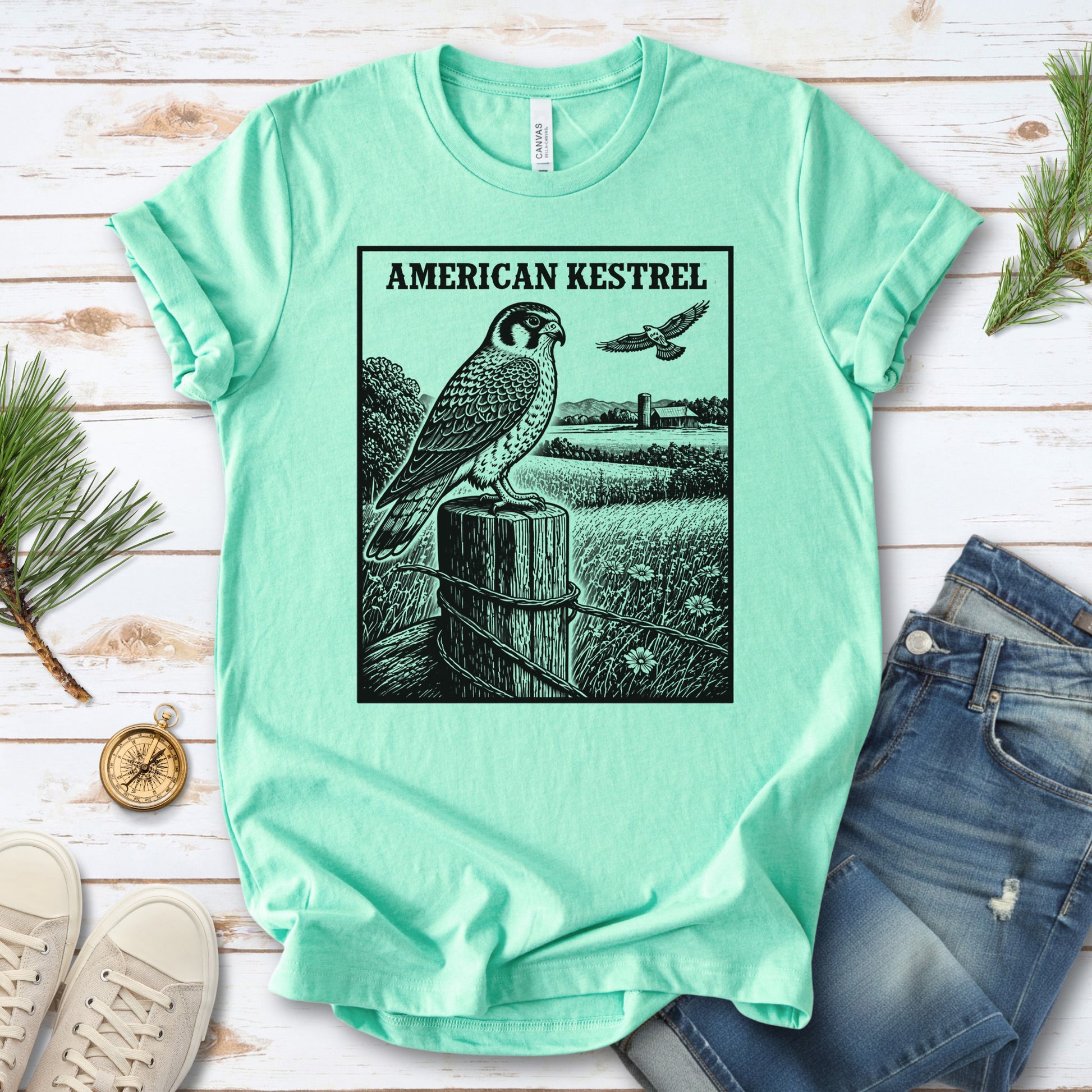 American Kestrel Vintage Raptor Illustration Birdwatching T-Shirt