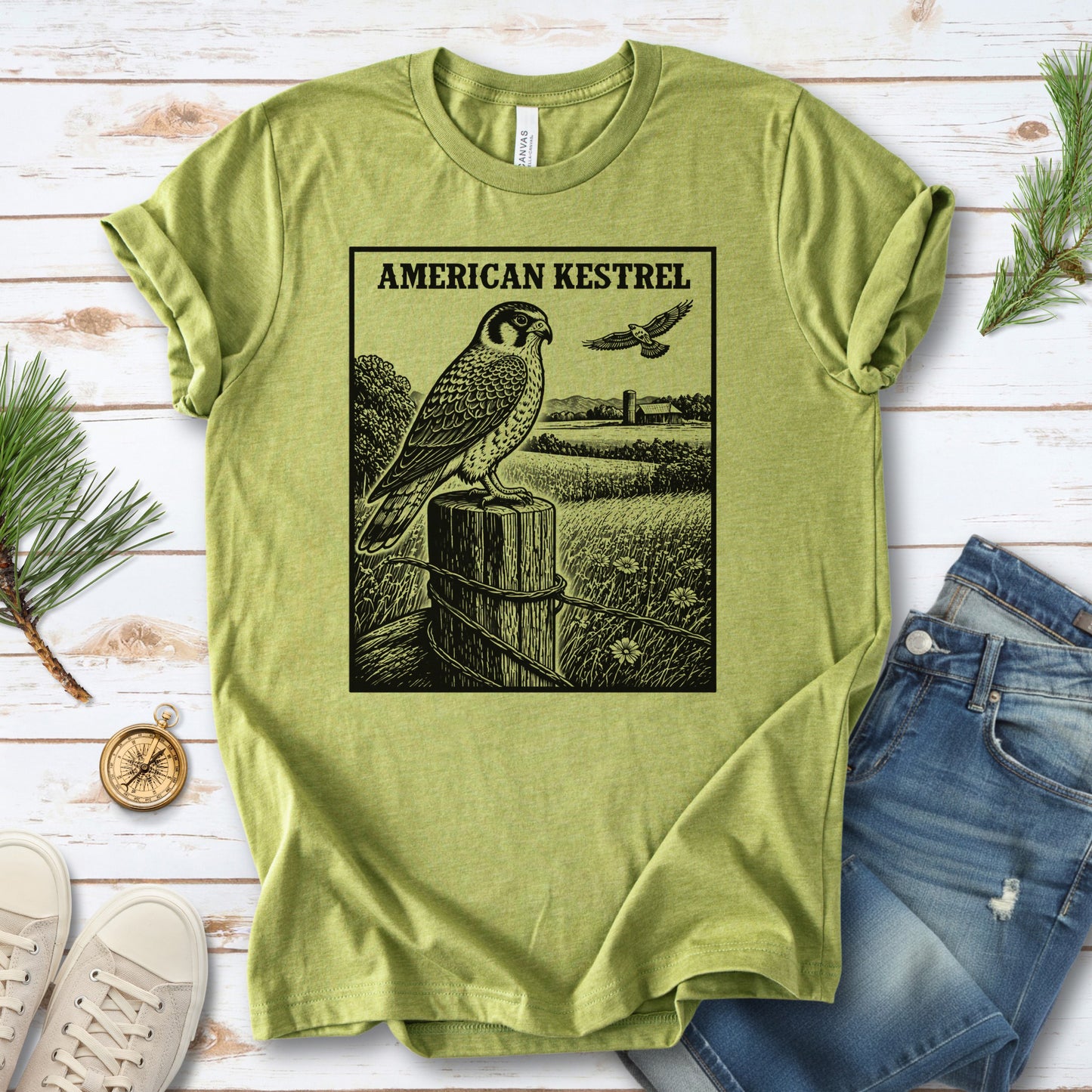 American Kestrel Vintage Raptor Illustration Birdwatching T-Shirt