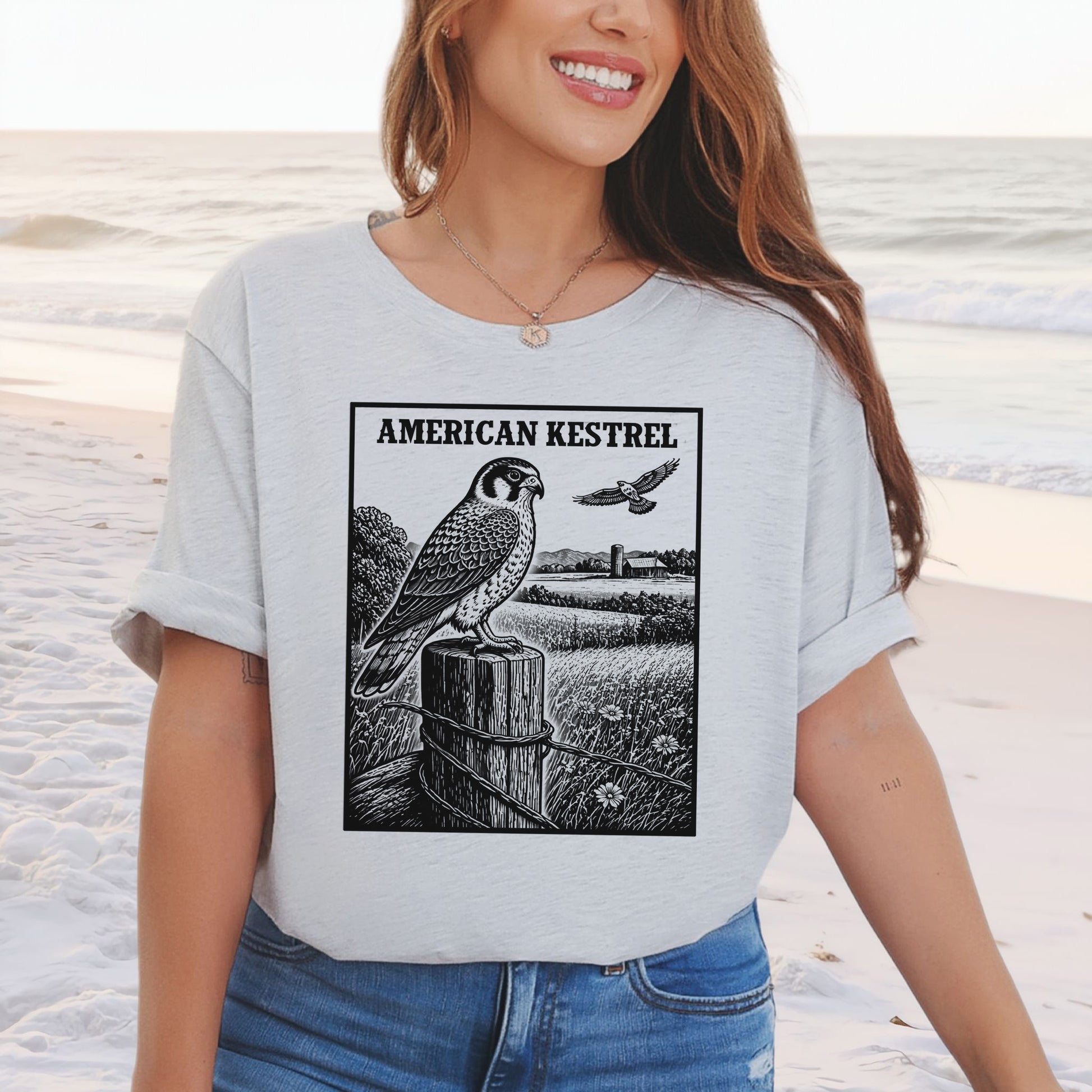 American Kestrel Vintage Raptor Illustration Birdwatching T-Shirt
