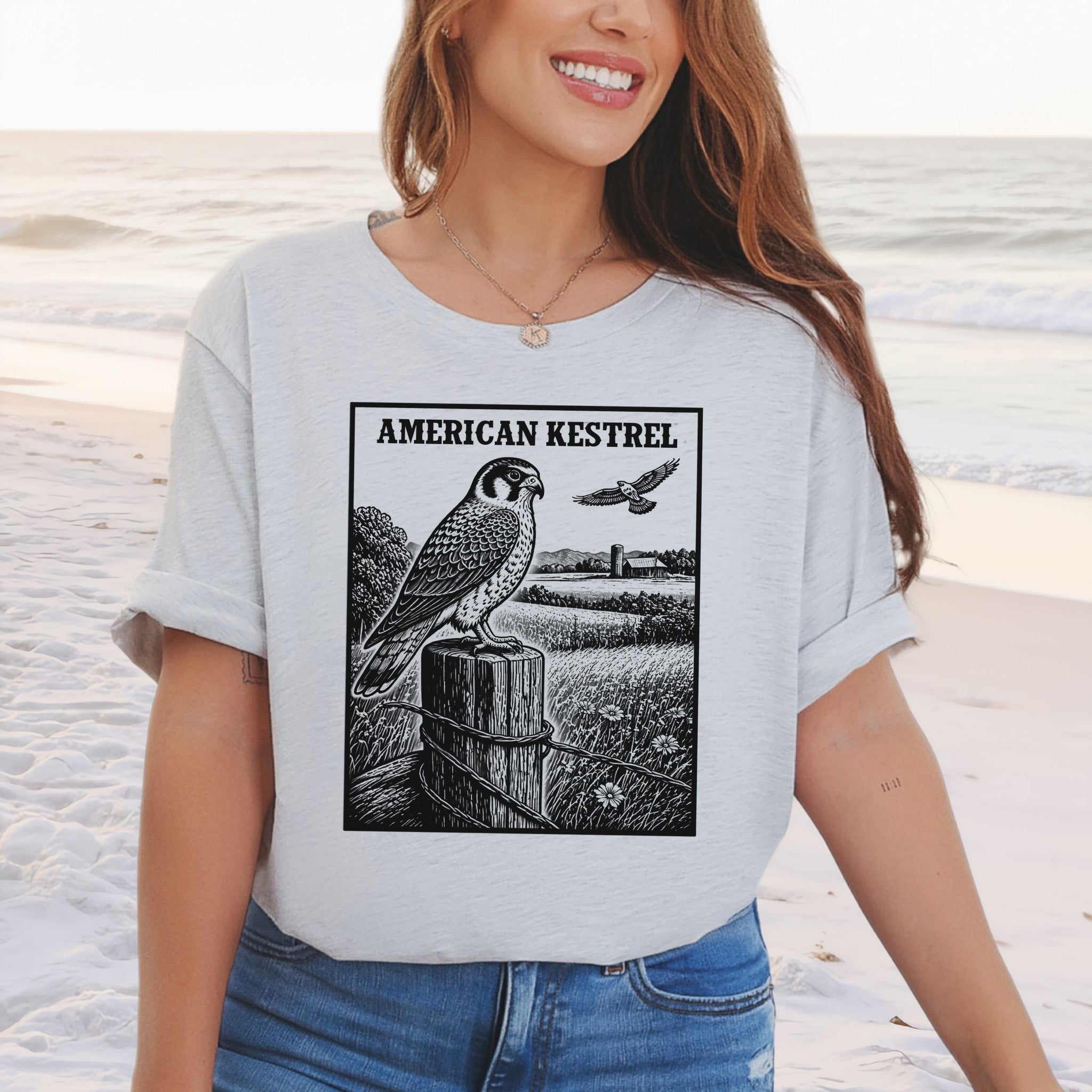 American Kestrel Vintage Raptor Illustration Birdwatching T-Shirt