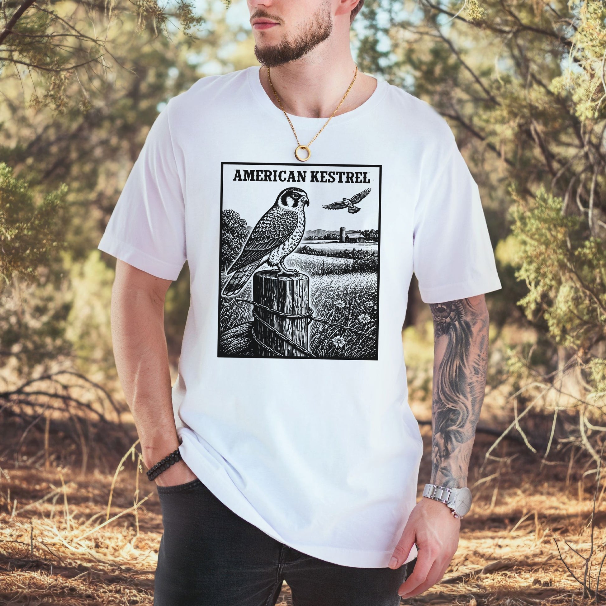 American Kestrel Vintage Raptor Illustration Birdwatching T-Shirt