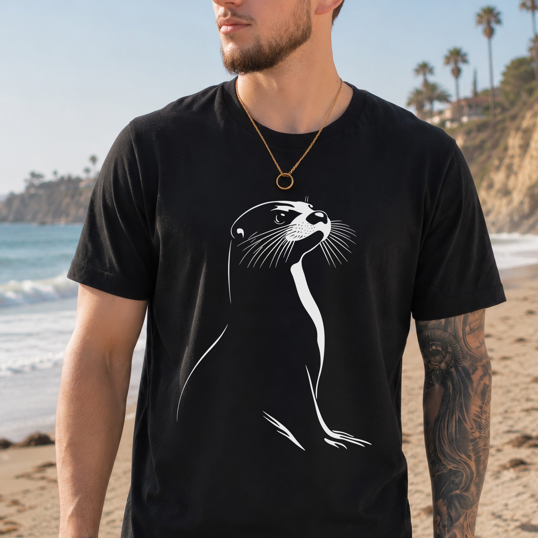 Playful Spirit: White Sketch Otter T-Shirt
